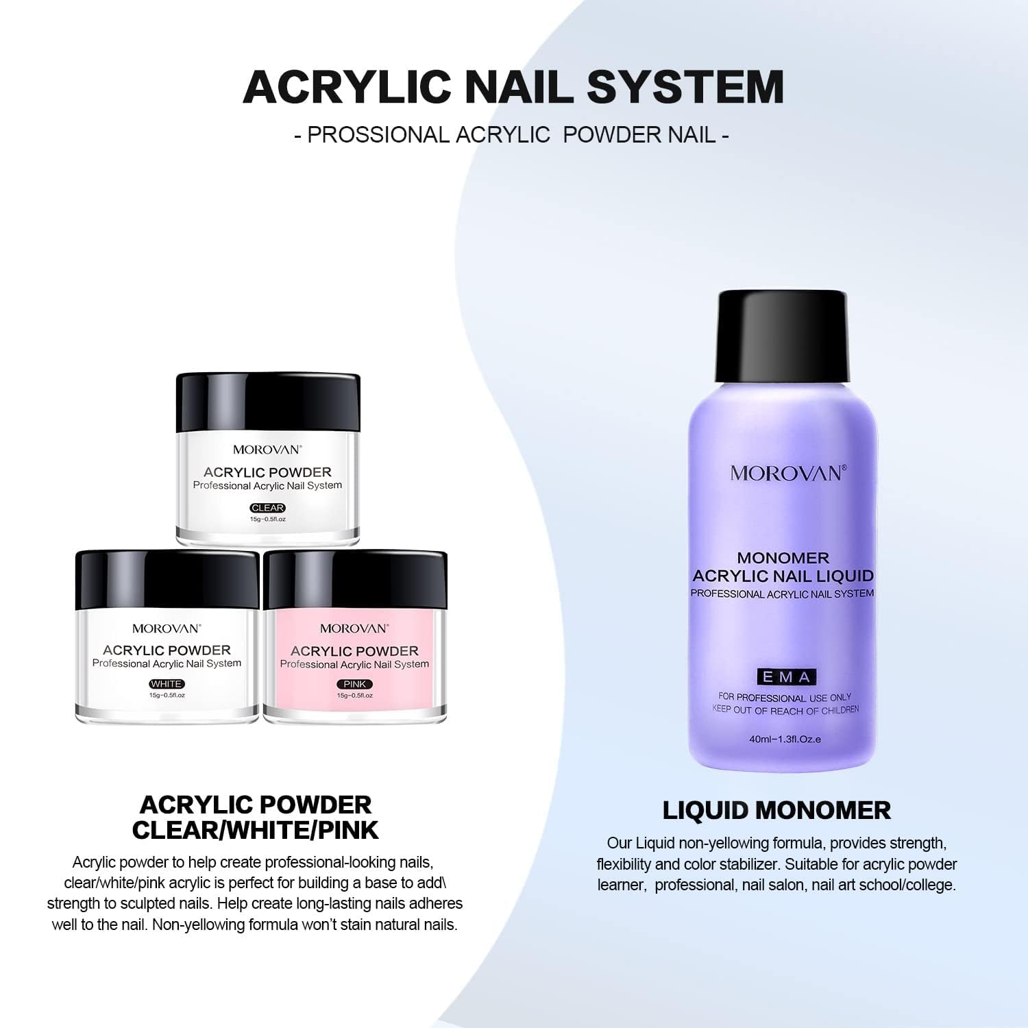 Morovan Acrylic Nail Kit: Clear Pink White Powder and Professional Liquid Set for Nail Extension - DIY at Home With Brush for Beginners