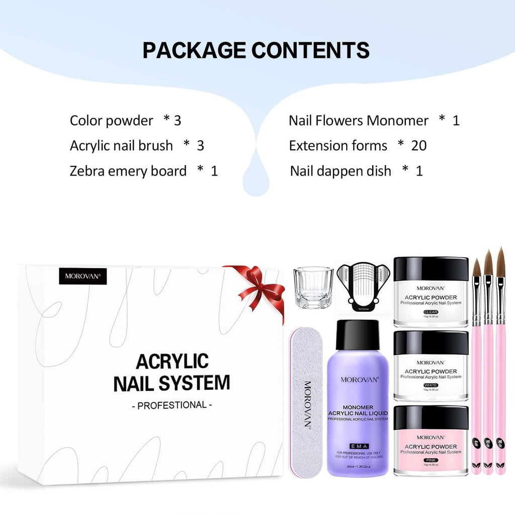 Morovan Acrylic Nail Kit: Clear Pink White Powder and Professional Liquid Set for Nail Extension - DIY at Home With Brush for Beginners