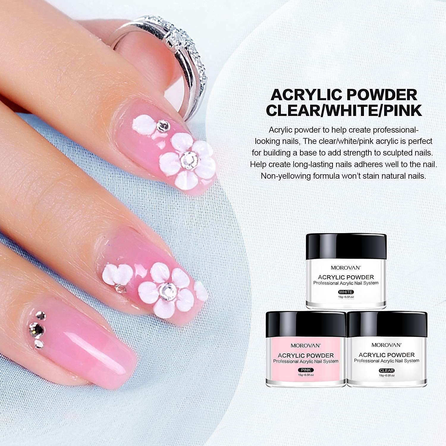 Morovan Acrylic Nail Kit: Clear Pink White Powder and Professional Liquid Set for Nail Extension - DIY at Home With Brush for Beginners