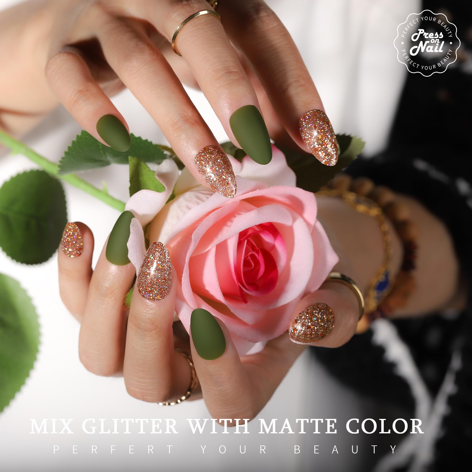 Press on Nails,Teenitor 288PCS Matte Medium Length, Acrylic Fake Nails Full Cover, Ballerina Coffin Press on Nails,Glitter Press On False Nails