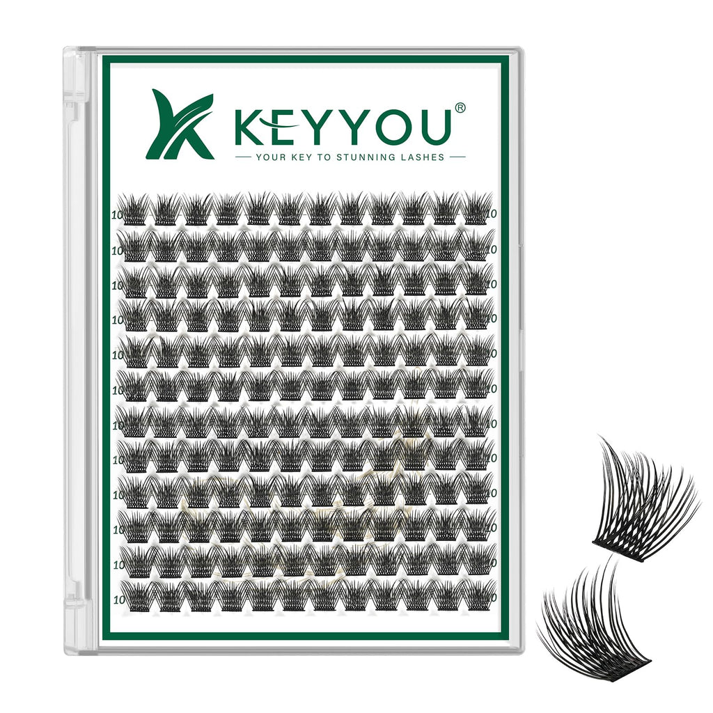 KEYYOU Lash Clusters Kit 144pcs Thick Volume D Curl Eyelash Clusters Lash Extension Kit with Mascara Brush Bond and Seal Glue Remover Applicators and Brush for DIY Lash Extensions (Y02)