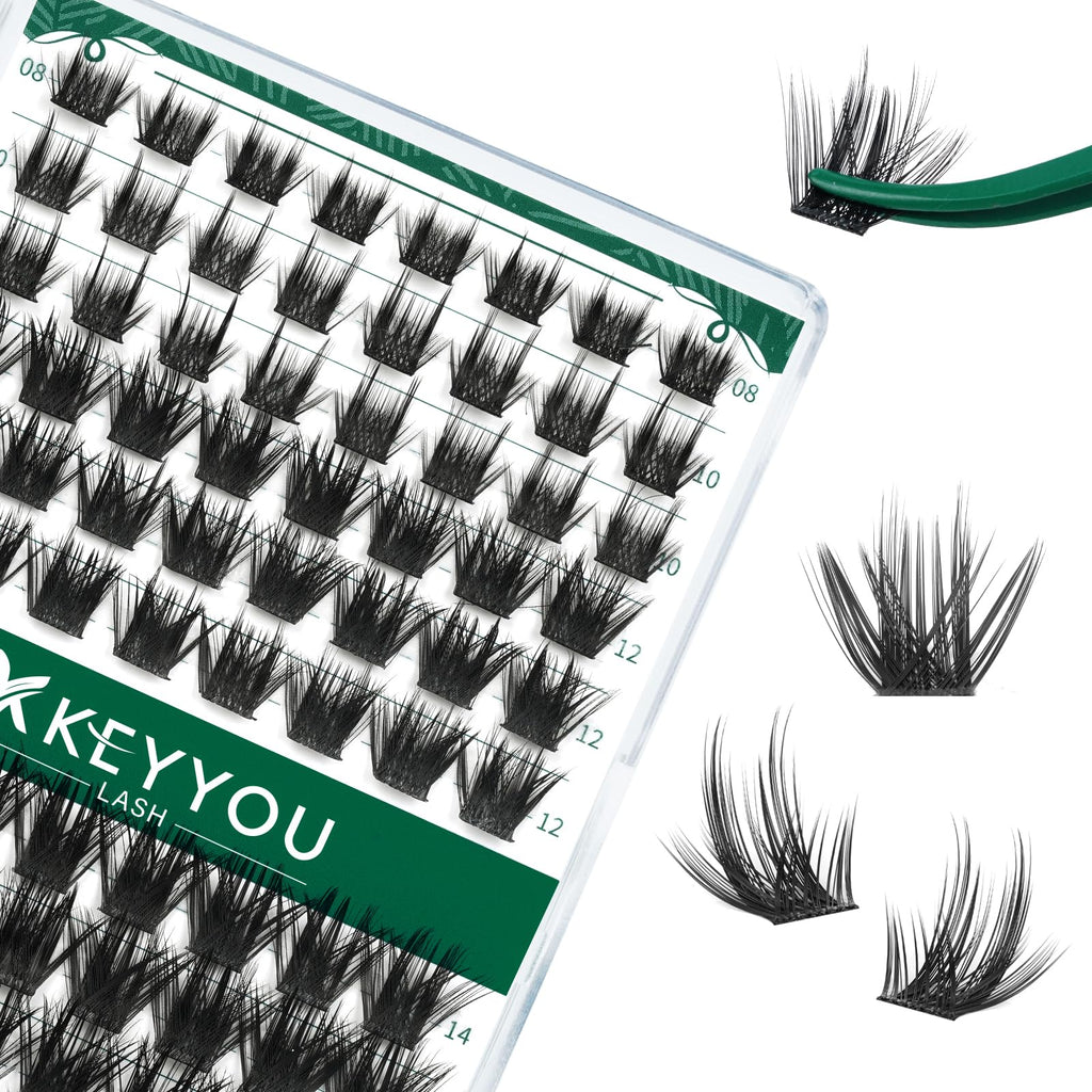 KEYYOU Lash Clusters Kit 144pcs Thick Volume D Curl Eyelash Clusters Lash Extension Kit with Mascara Brush Bond and Seal Glue Remover Applicators and Brush for DIY Lash Extensions (Y02)