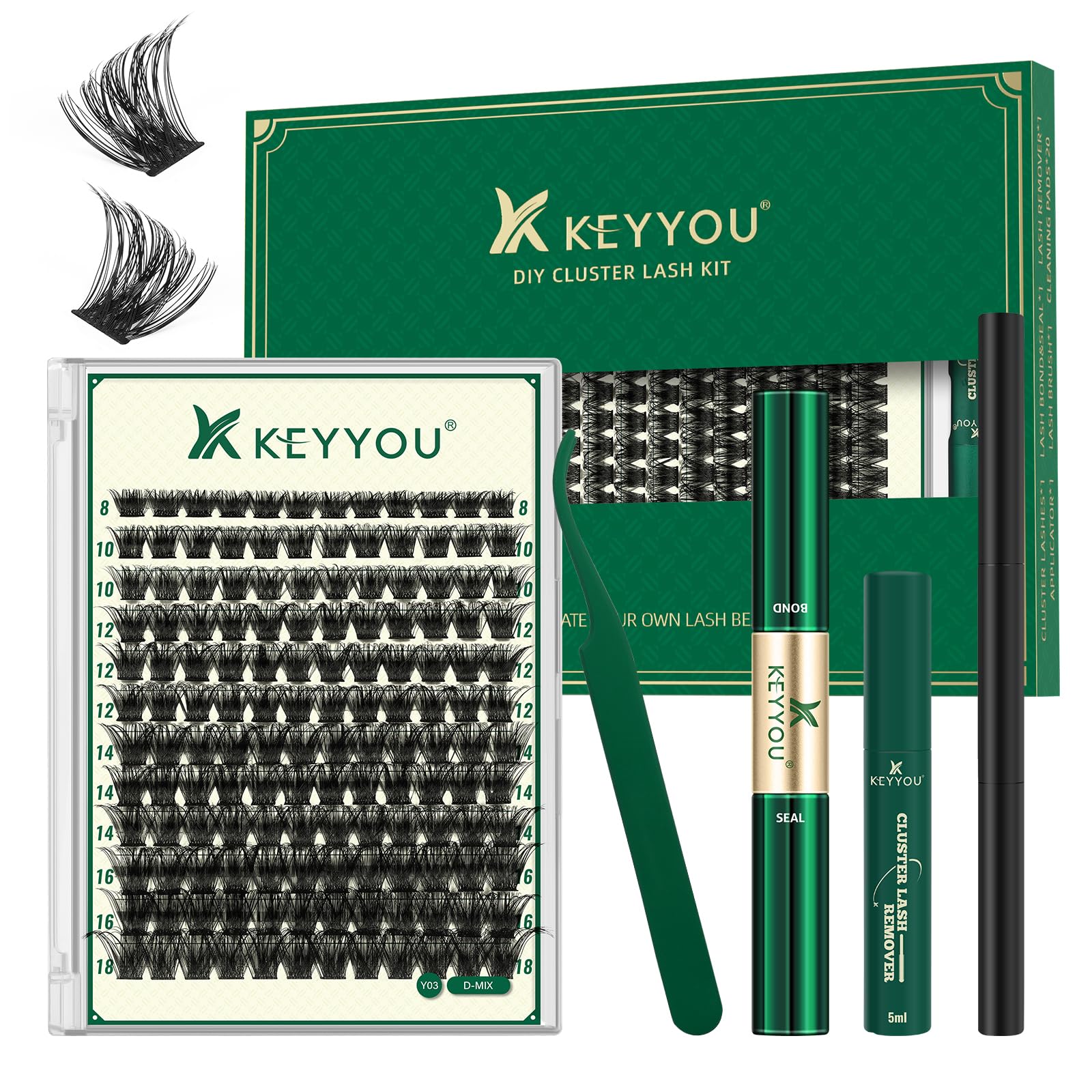 KEYYOU Lash Clusters Kit 144pcs Thick Volume D Curl Eyelash Clusters Lash Extension Kit with Mascara Brush Bond and Seal Glue Remover Applicators and Brush for DIY Lash Extensions (Y02)