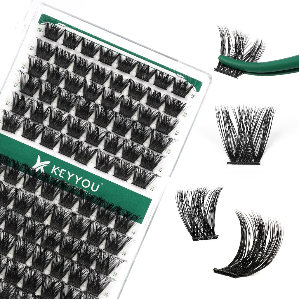 KEYYOU Lash Clusters Kit 144pcs Thick Volume D Curl Eyelash Clusters Lash Extension Kit with Mascara Brush Bond and Seal Glue Remover Applicators and Brush for DIY Lash Extensions (Y02)