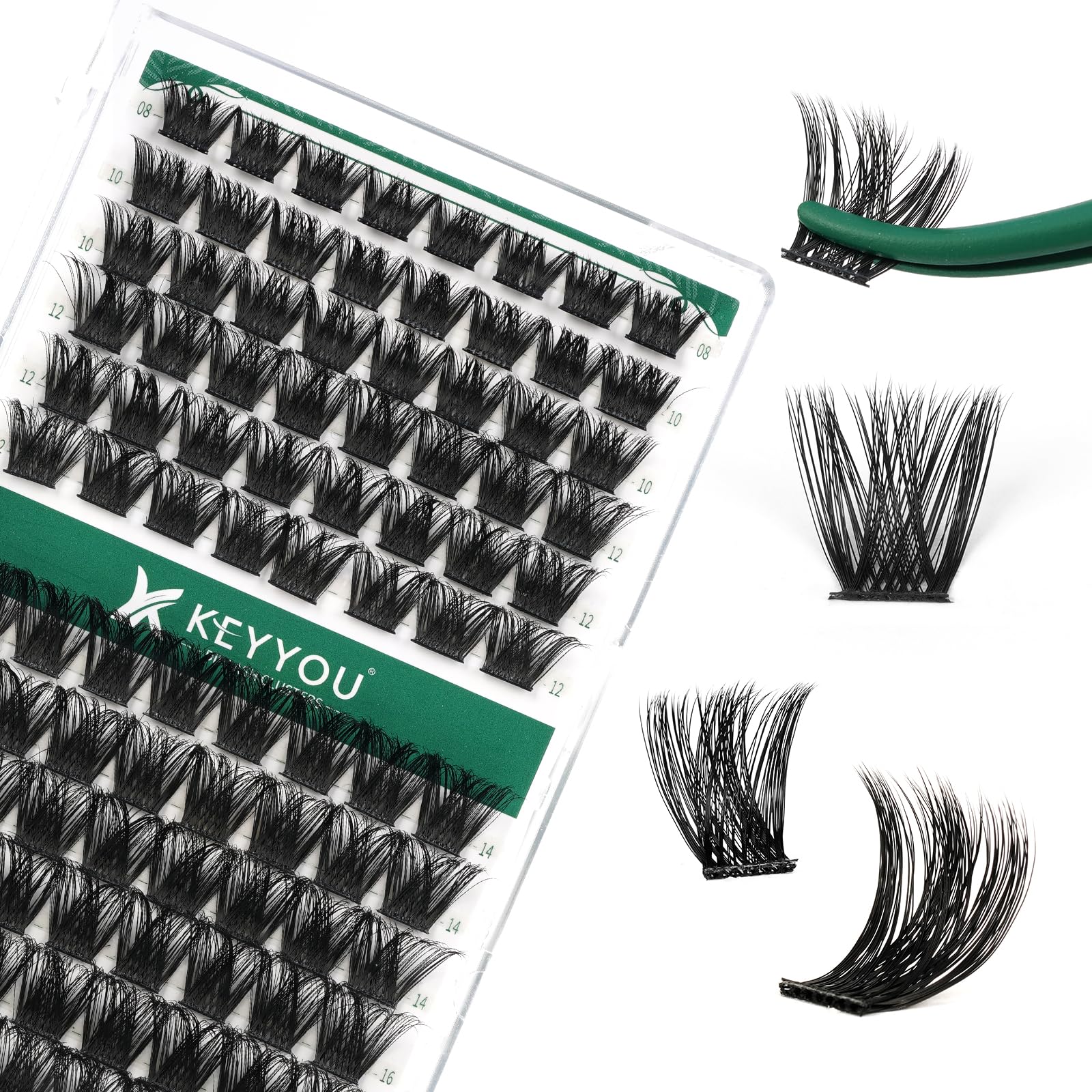KEYYOU Lash Clusters Kit 144pcs Thick Volume D Curl Eyelash Clusters Lash Extension Kit with Mascara Brush Bond and Seal Glue Remover Applicators and Brush for DIY Lash Extensions (Y02)