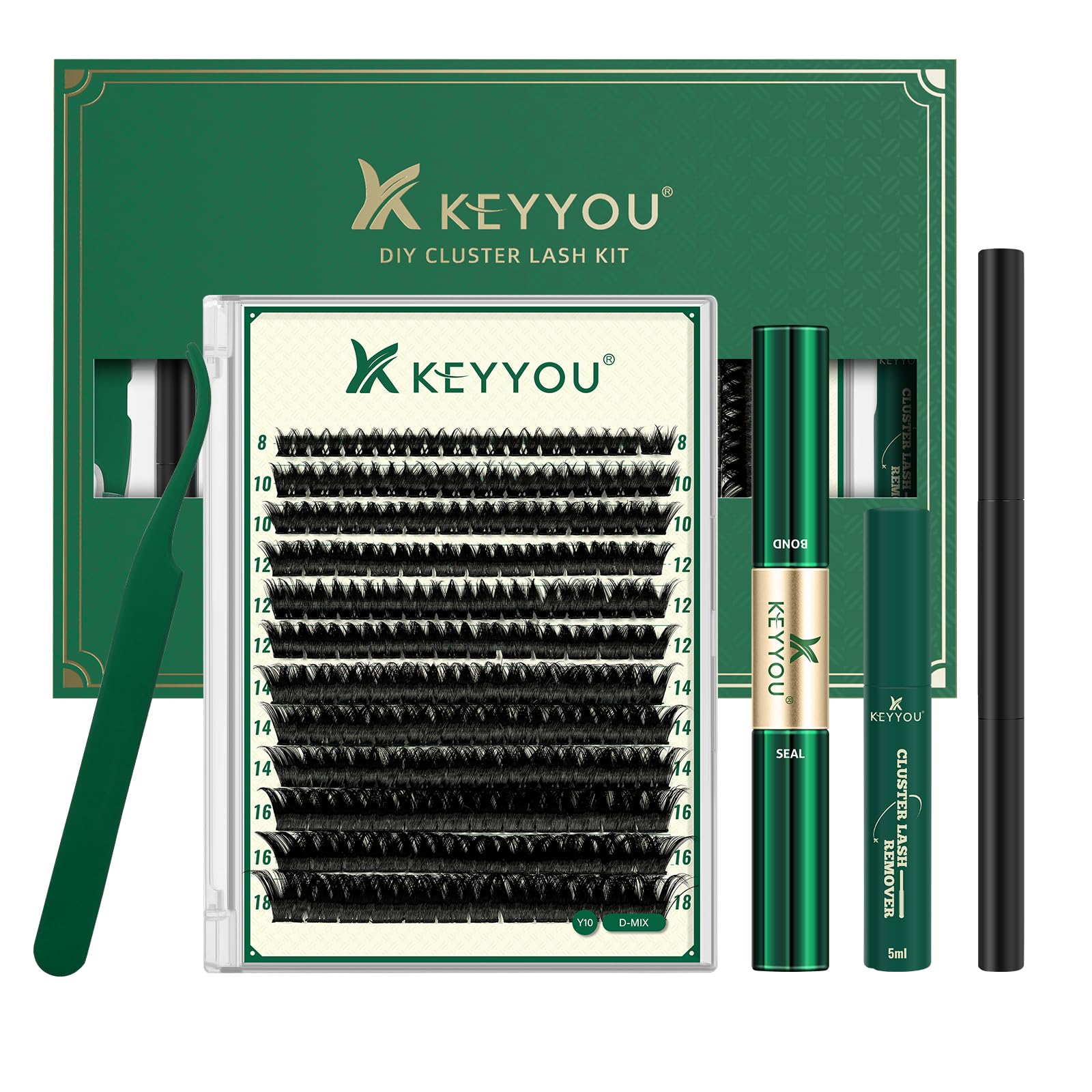 KEYYOU Lash Clusters Kit 144pcs Thick Volume D Curl Eyelash Clusters Lash Extension Kit with Mascara Brush Bond and Seal Glue Remover Applicators and Brush for DIY Lash Extensions (Y02)