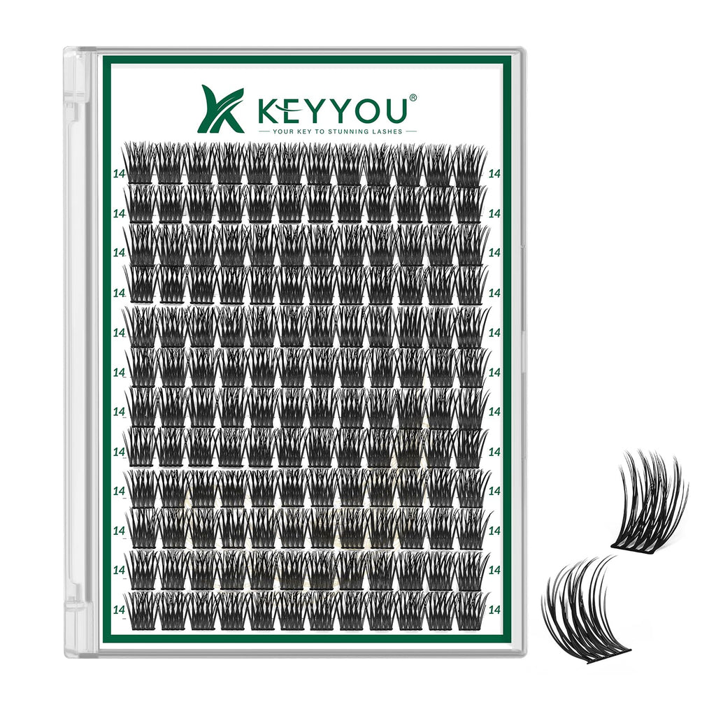 KEYYOU Lash Clusters Kit 144pcs Thick Volume D Curl Eyelash Clusters Lash Extension Kit with Mascara Brush Bond and Seal Glue Remover Applicators and Brush for DIY Lash Extensions (Y02)