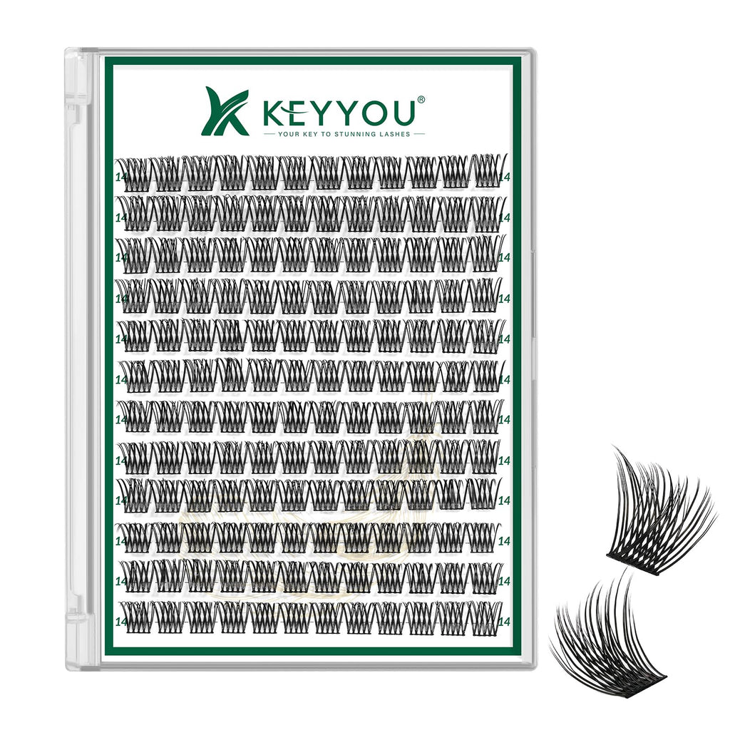 KEYYOU Lash Clusters Kit 144pcs Thick Volume D Curl Eyelash Clusters Lash Extension Kit with Mascara Brush Bond and Seal Glue Remover Applicators and Brush for DIY Lash Extensions (Y02)