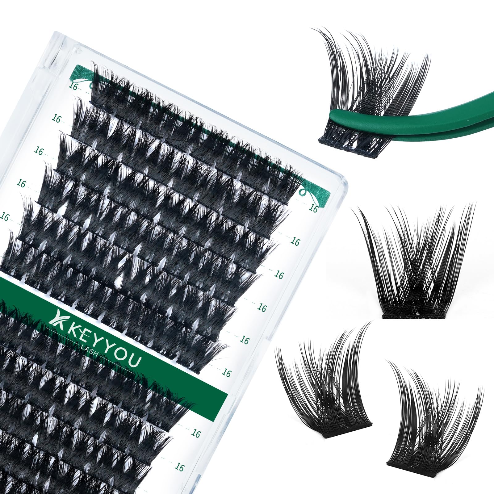 KEYYOU Lash Clusters Kit 144pcs Thick Volume D Curl Eyelash Clusters Lash Extension Kit with Mascara Brush Bond and Seal Glue Remover Applicators and Brush for DIY Lash Extensions (Y02)