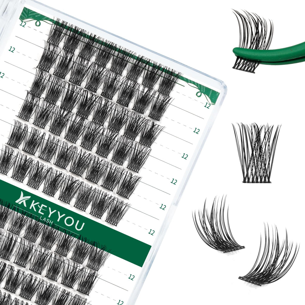 KEYYOU Lash Clusters Kit 144pcs Thick Volume D Curl Eyelash Clusters Lash Extension Kit with Mascara Brush Bond and Seal Glue Remover Applicators and Brush for DIY Lash Extensions (Y02)