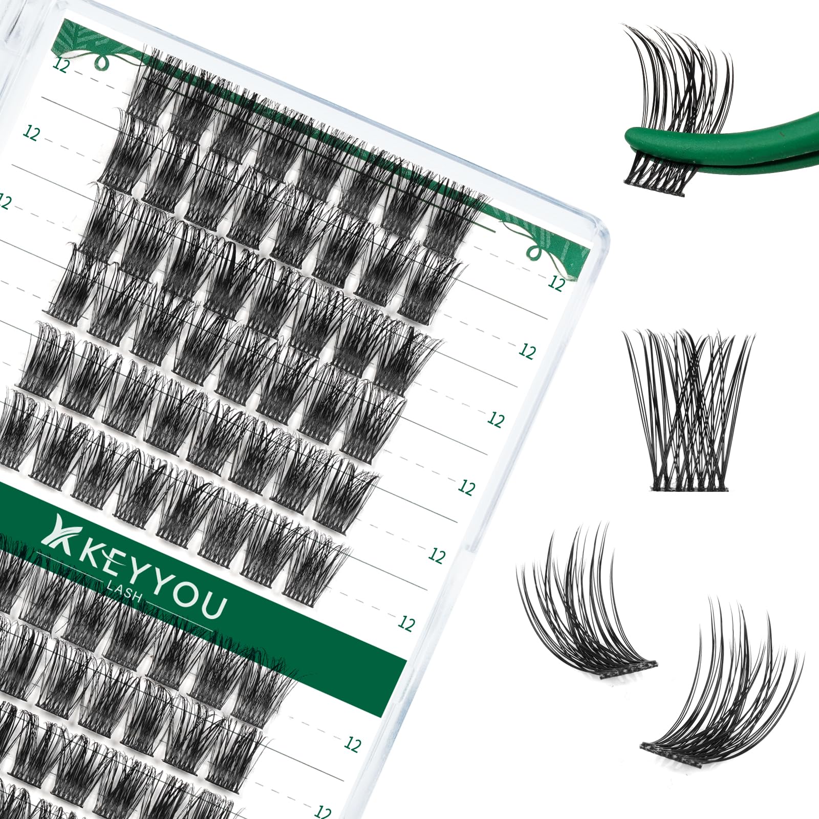 KEYYOU Lash Clusters Kit 144pcs Thick Volume D Curl Eyelash Clusters Lash Extension Kit with Mascara Brush Bond and Seal Glue Remover Applicators and Brush for DIY Lash Extensions (Y02)