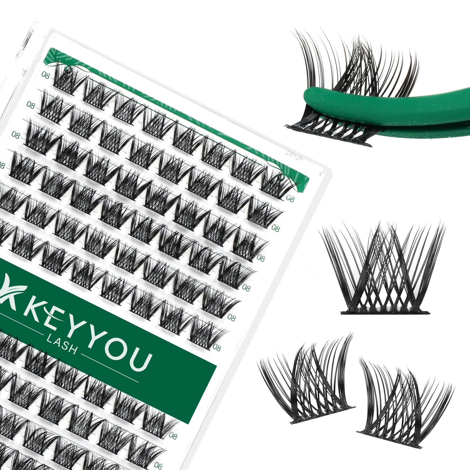 KEYYOU Lash Clusters Kit 144pcs Thick Volume D Curl Eyelash Clusters Lash Extension Kit with Mascara Brush Bond and Seal Glue Remover Applicators and Brush for DIY Lash Extensions (Y02)