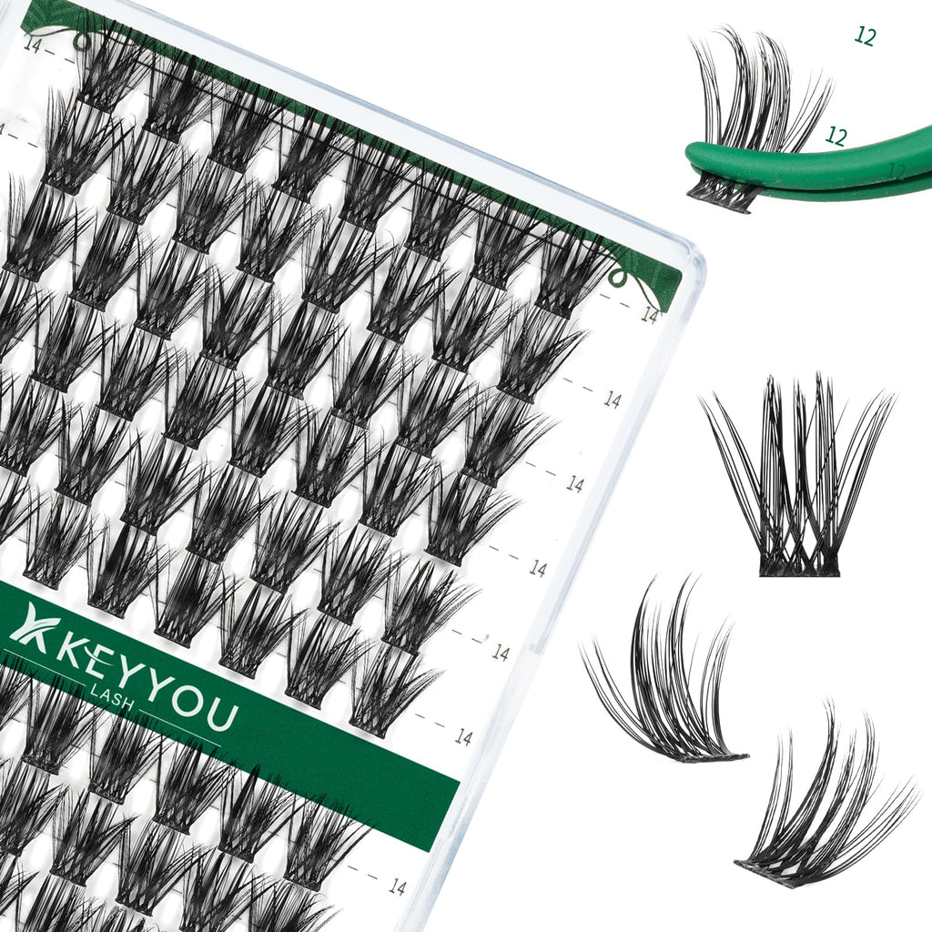KEYYOU Lash Clusters Kit 144pcs Thick Volume D Curl Eyelash Clusters Lash Extension Kit with Mascara Brush Bond and Seal Glue Remover Applicators and Brush for DIY Lash Extensions (Y02)
