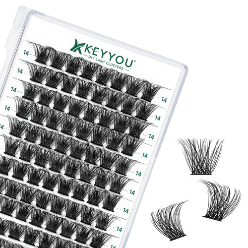 KEYYOU Lash Clusters Kit 144pcs Thick Volume D Curl Eyelash Clusters Lash Extension Kit with Mascara Brush Bond and Seal Glue Remover Applicators and Brush for DIY Lash Extensions (Y02)