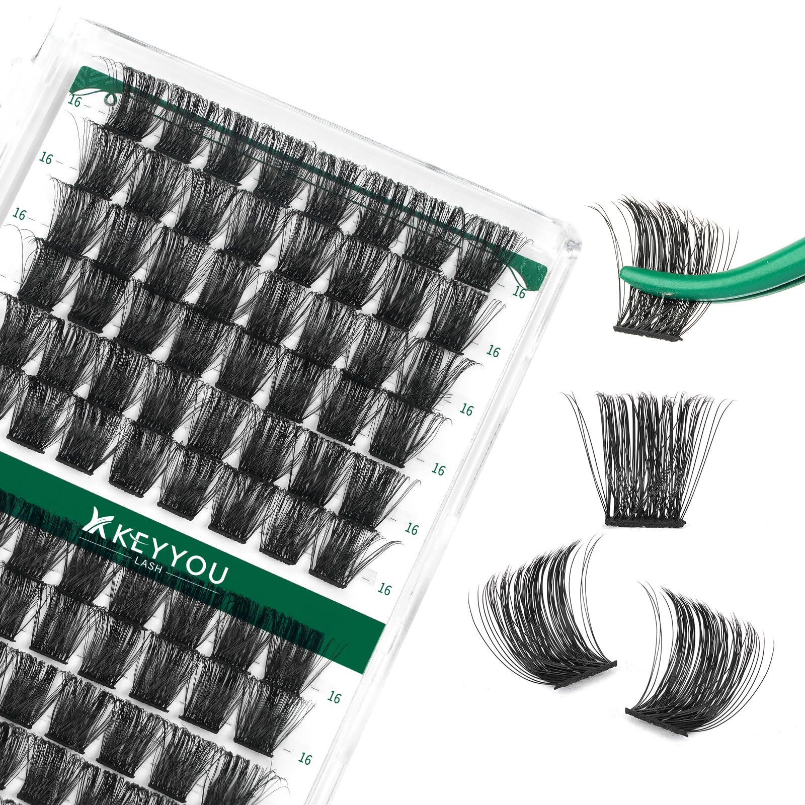 KEYYOU Lash Clusters Kit 144pcs Thick Volume D Curl Eyelash Clusters Lash Extension Kit with Mascara Brush Bond and Seal Glue Remover Applicators and Brush for DIY Lash Extensions (Y02)
