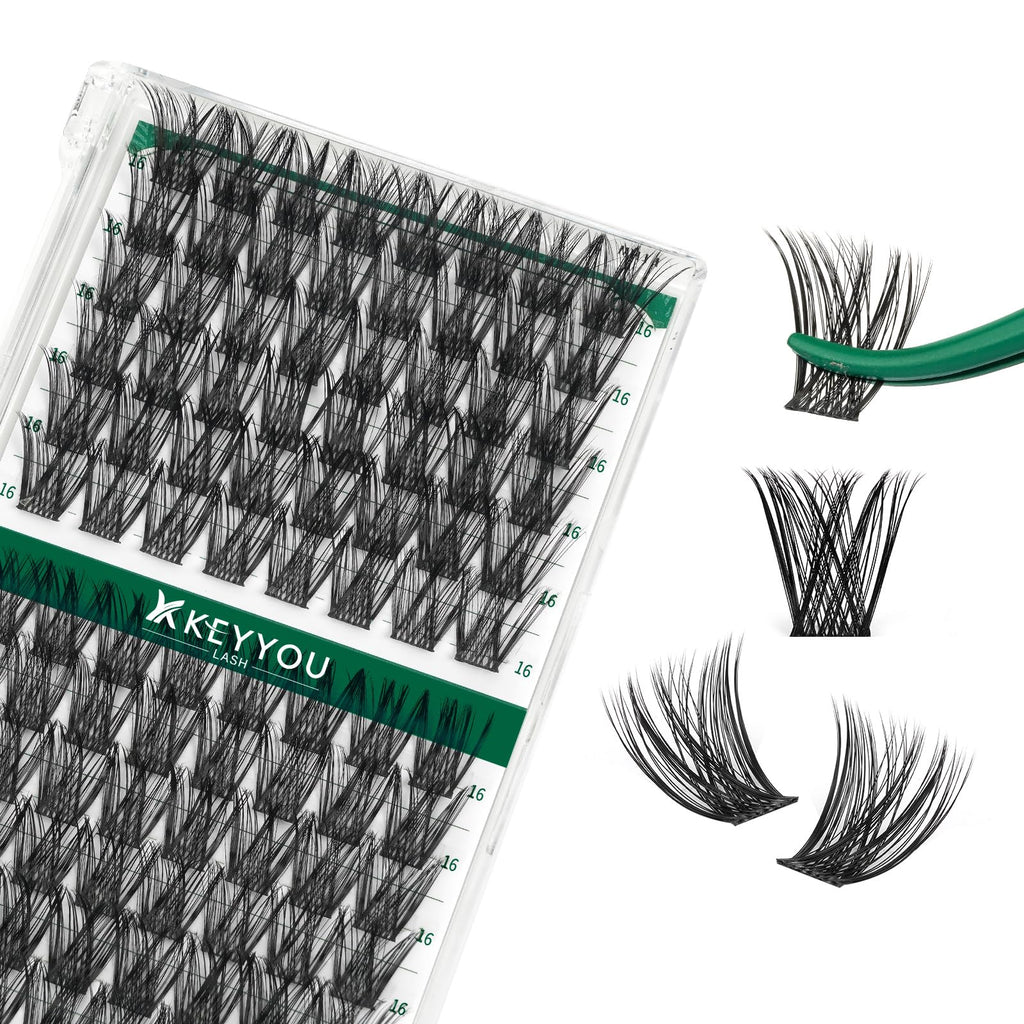 KEYYOU Lash Clusters Kit 144pcs Thick Volume D Curl Eyelash Clusters Lash Extension Kit with Mascara Brush Bond and Seal Glue Remover Applicators and Brush for DIY Lash Extensions (Y02)