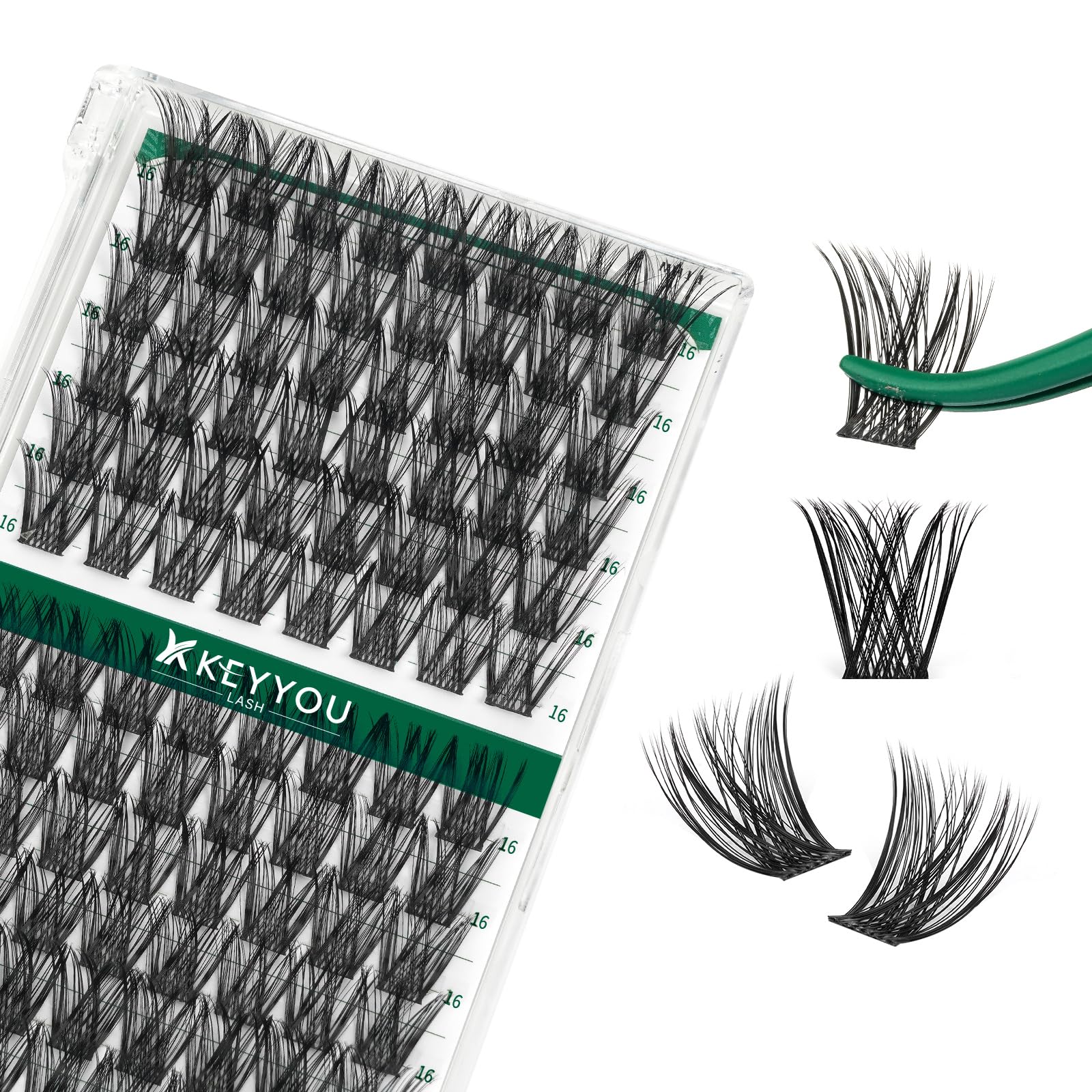 KEYYOU Lash Clusters Kit 144pcs Thick Volume D Curl Eyelash Clusters Lash Extension Kit with Mascara Brush Bond and Seal Glue Remover Applicators and Brush for DIY Lash Extensions (Y02)