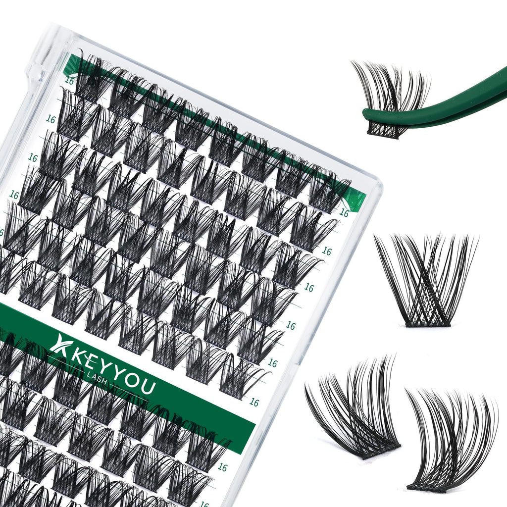 KEYYOU Lash Clusters Kit 144pcs Thick Volume D Curl Eyelash Clusters Lash Extension Kit with Mascara Brush Bond and Seal Glue Remover Applicators and Brush for DIY Lash Extensions (Y02)