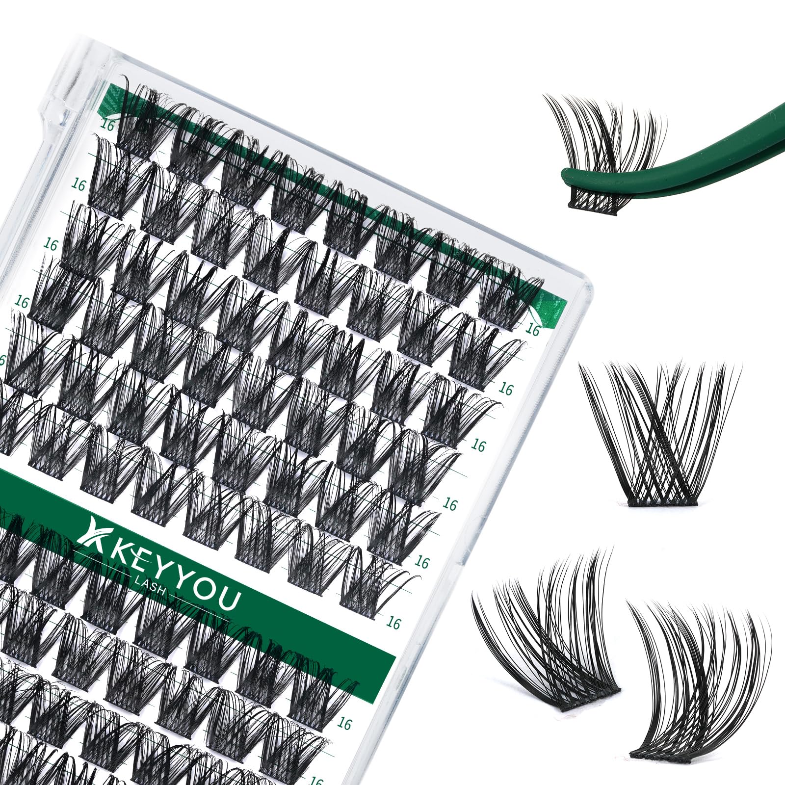 KEYYOU Lash Clusters Kit 144pcs Thick Volume D Curl Eyelash Clusters Lash Extension Kit with Mascara Brush Bond and Seal Glue Remover Applicators and Brush for DIY Lash Extensions (Y02)