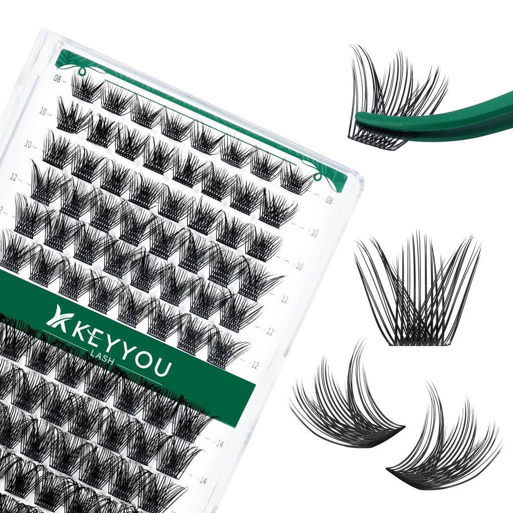 KEYYOU Lash Clusters Kit 144pcs Thick Volume D Curl Eyelash Clusters Lash Extension Kit with Mascara Brush Bond and Seal Glue Remover Applicators and Brush for DIY Lash Extensions (Y02)