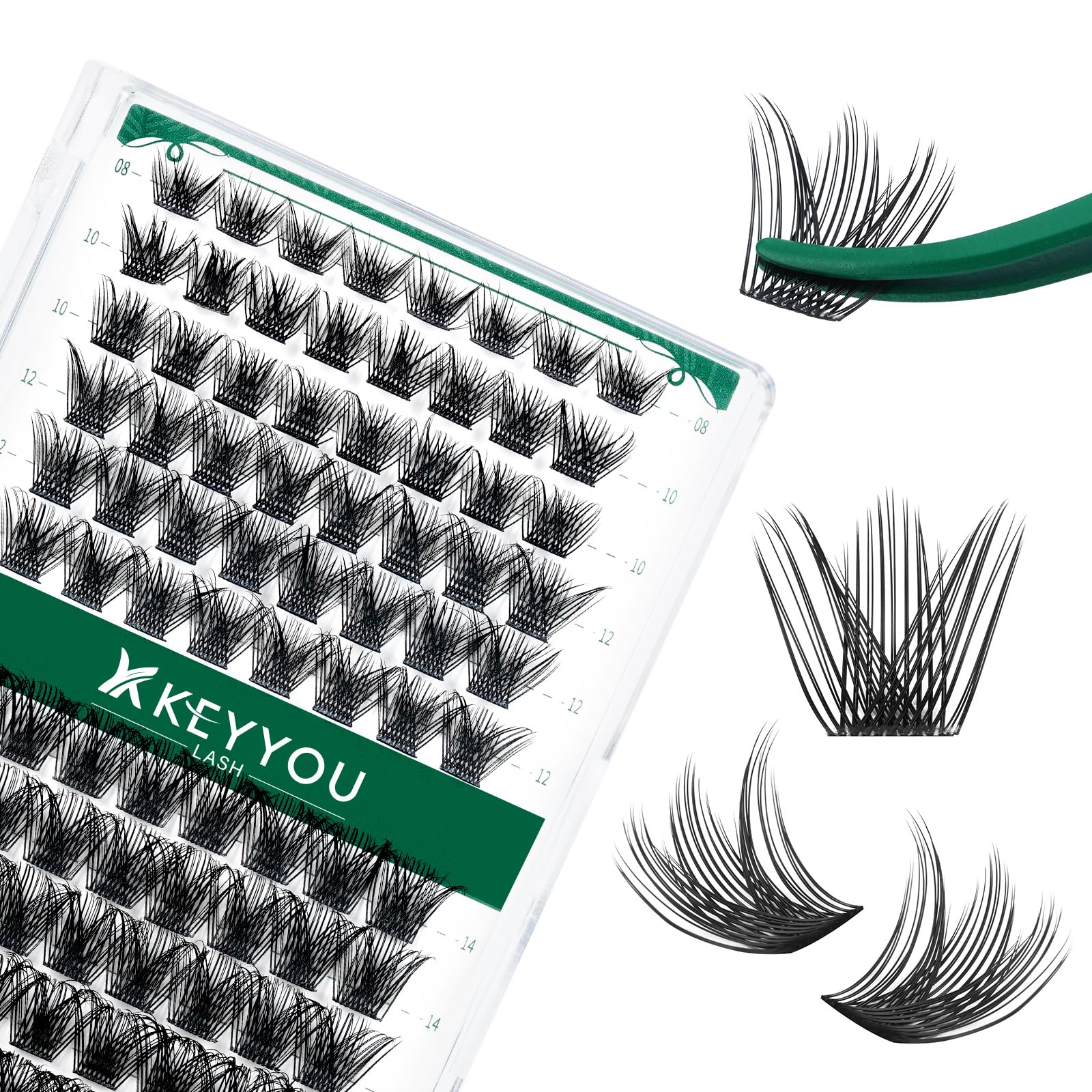 KEYYOU Lash Clusters Kit 144pcs Thick Volume D Curl Eyelash Clusters Lash Extension Kit with Mascara Brush Bond and Seal Glue Remover Applicators and Brush for DIY Lash Extensions (Y02)