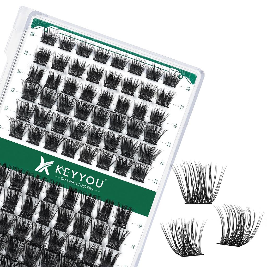 KEYYOU Lash Clusters Kit 144pcs Thick Volume D Curl Eyelash Clusters Lash Extension Kit with Mascara Brush Bond and Seal Glue Remover Applicators and Brush for DIY Lash Extensions (Y02)