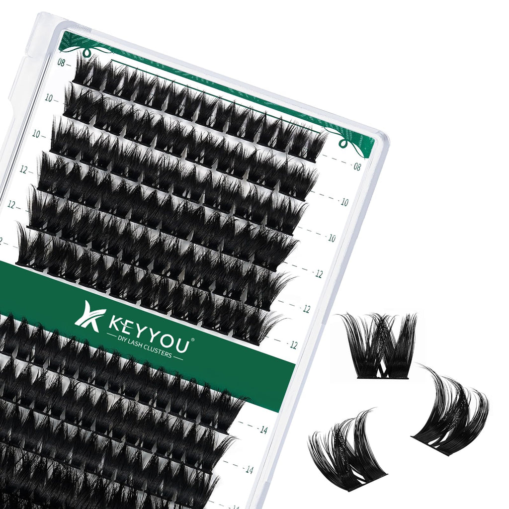 KEYYOU Lash Clusters Kit 144pcs Thick Volume D Curl Eyelash Clusters Lash Extension Kit with Mascara Brush Bond and Seal Glue Remover Applicators and Brush for DIY Lash Extensions (Y02)