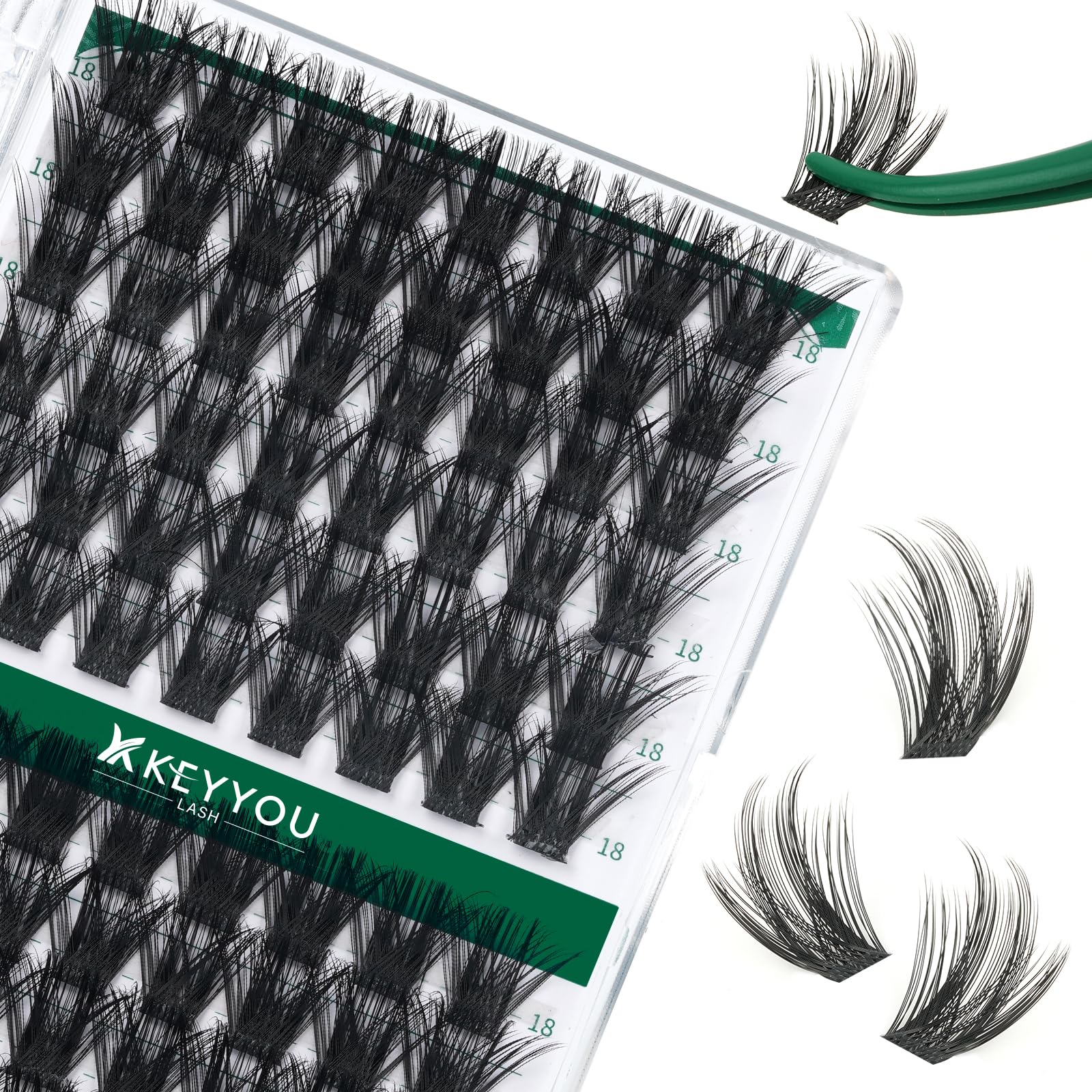 KEYYOU Lash Clusters Kit 144pcs Thick Volume D Curl Eyelash Clusters Lash Extension Kit with Mascara Brush Bond and Seal Glue Remover Applicators and Brush for DIY Lash Extensions (Y02)