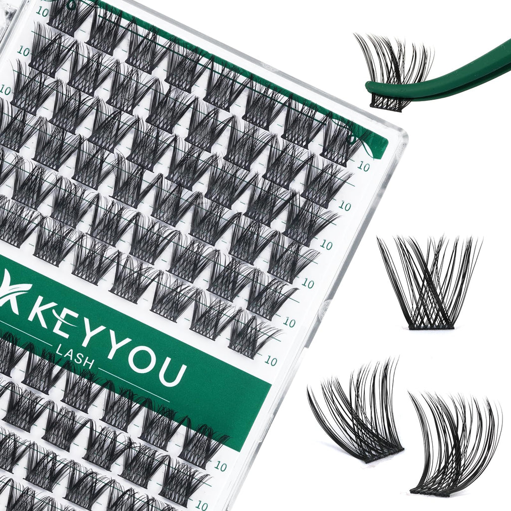 KEYYOU Lash Clusters Kit 144pcs Thick Volume D Curl Eyelash Clusters Lash Extension Kit with Mascara Brush Bond and Seal Glue Remover Applicators and Brush for DIY Lash Extensions (Y02)