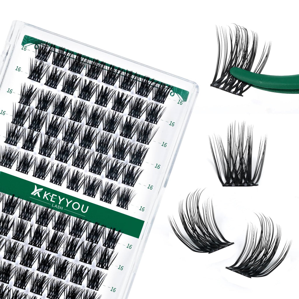 KEYYOU Lash Clusters Kit 144pcs Thick Volume D Curl Eyelash Clusters Lash Extension Kit with Mascara Brush Bond and Seal Glue Remover Applicators and Brush for DIY Lash Extensions (Y02)