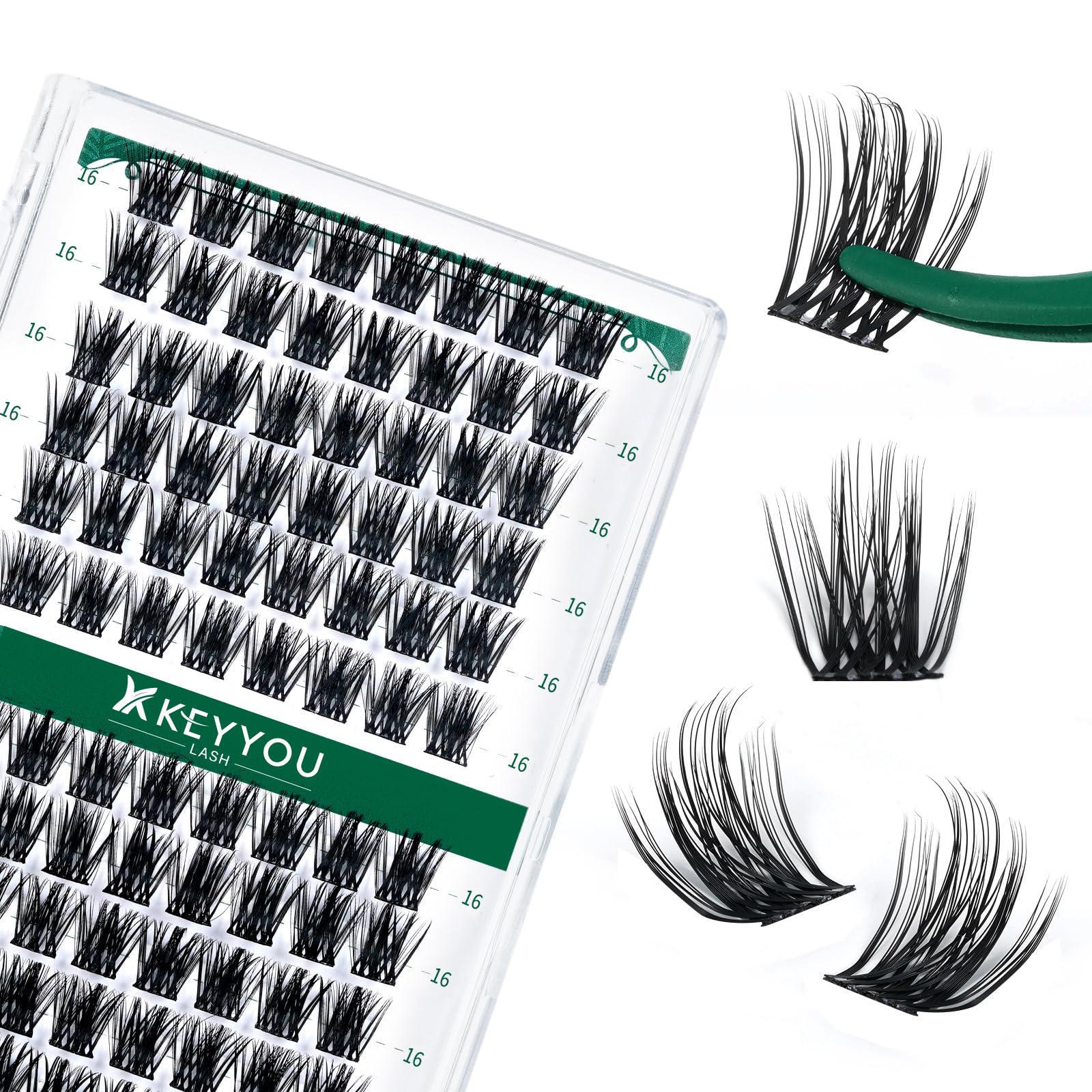 KEYYOU Lash Clusters Kit 144pcs Thick Volume D Curl Eyelash Clusters Lash Extension Kit with Mascara Brush Bond and Seal Glue Remover Applicators and Brush for DIY Lash Extensions (Y02)