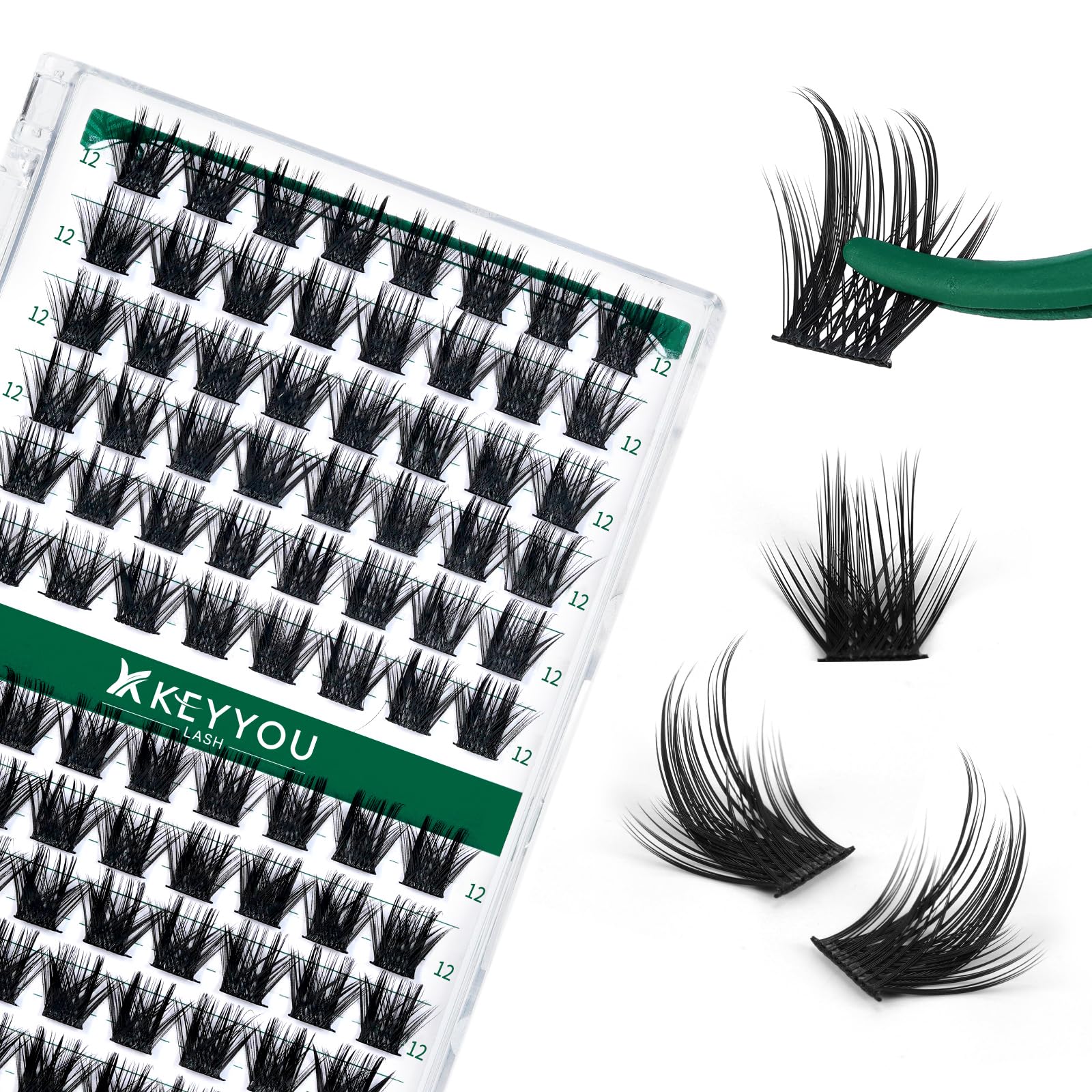 KEYYOU Lash Clusters Kit 144pcs Thick Volume D Curl Eyelash Clusters Lash Extension Kit with Mascara Brush Bond and Seal Glue Remover Applicators and Brush for DIY Lash Extensions (Y02)