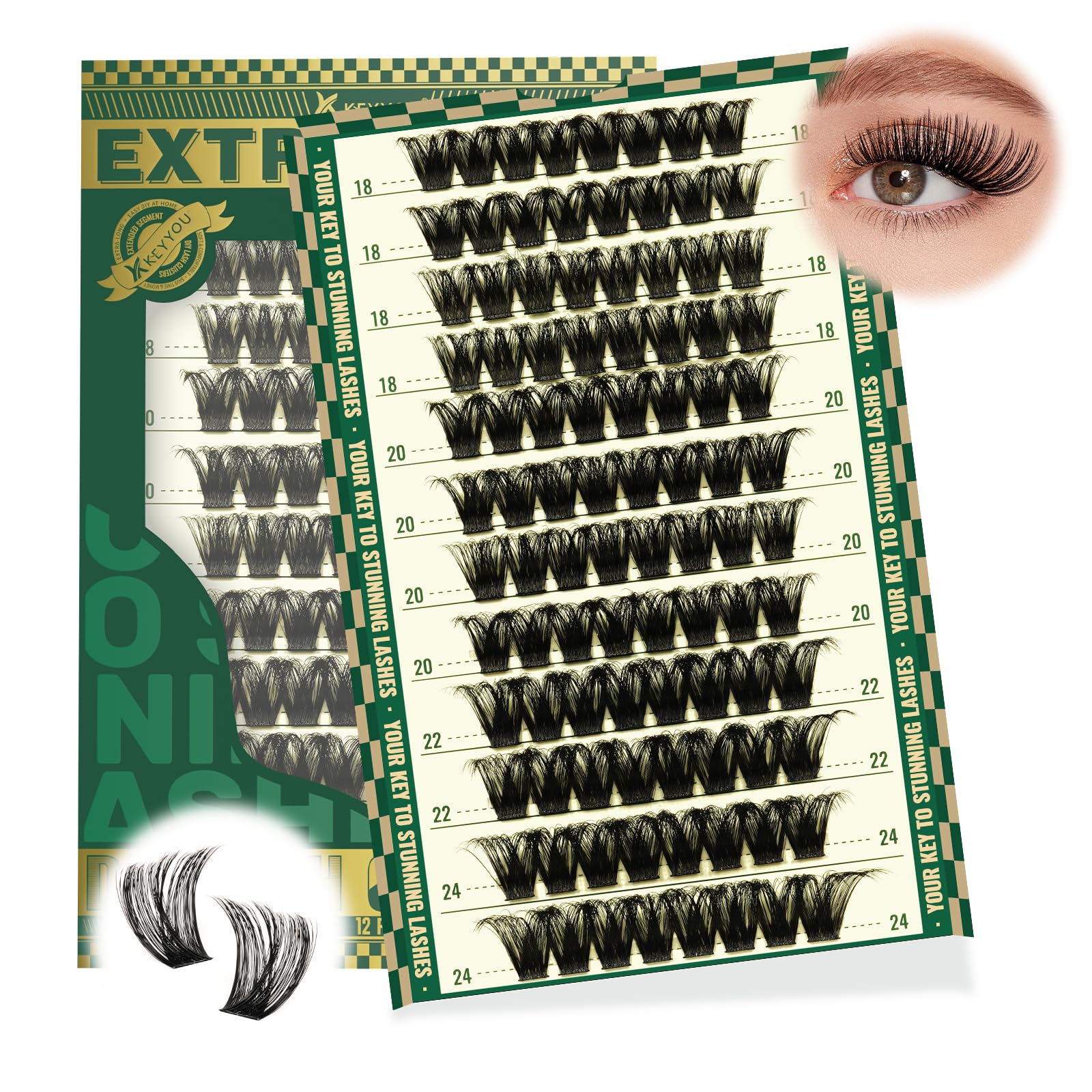 KEYYOU Lash Clusters Kit 144pcs Thick Volume D Curl Eyelash Clusters Lash Extension Kit with Mascara Brush Bond and Seal Glue Remover Applicators and Brush for DIY Lash Extensions (Y02)