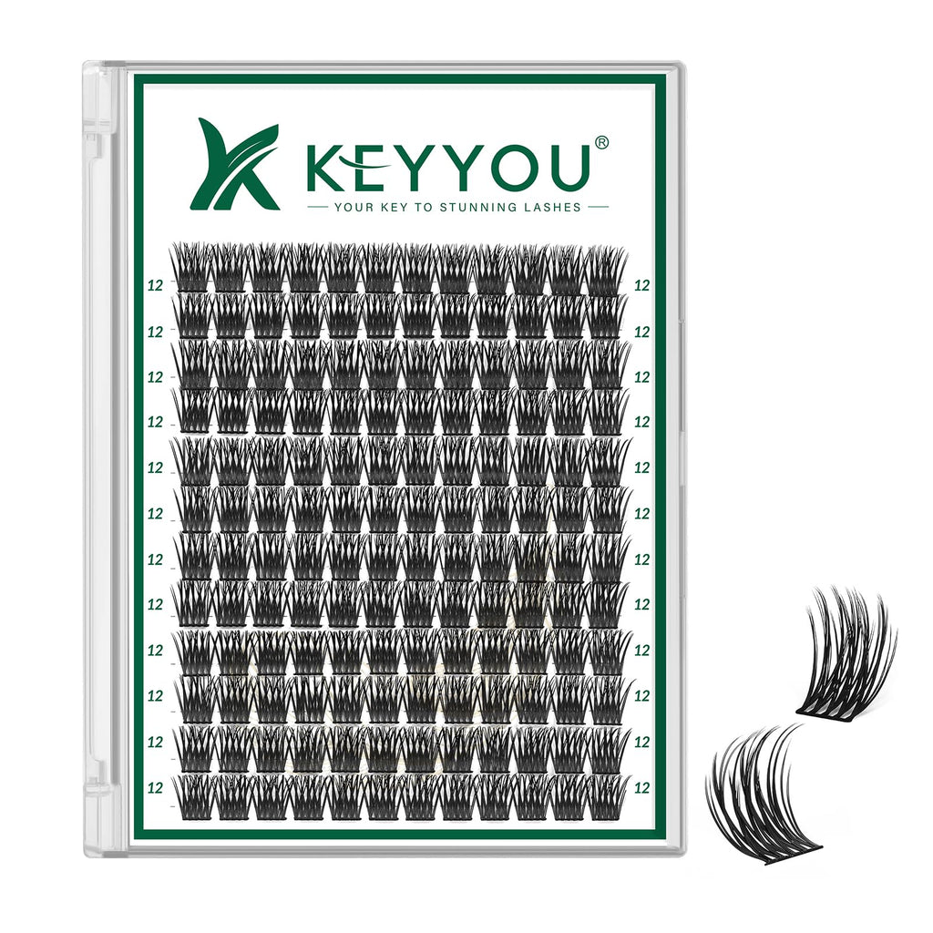 KEYYOU Lash Clusters Kit 144pcs Thick Volume D Curl Eyelash Clusters Lash Extension Kit with Mascara Brush Bond and Seal Glue Remover Applicators and Brush for DIY Lash Extensions (Y02)