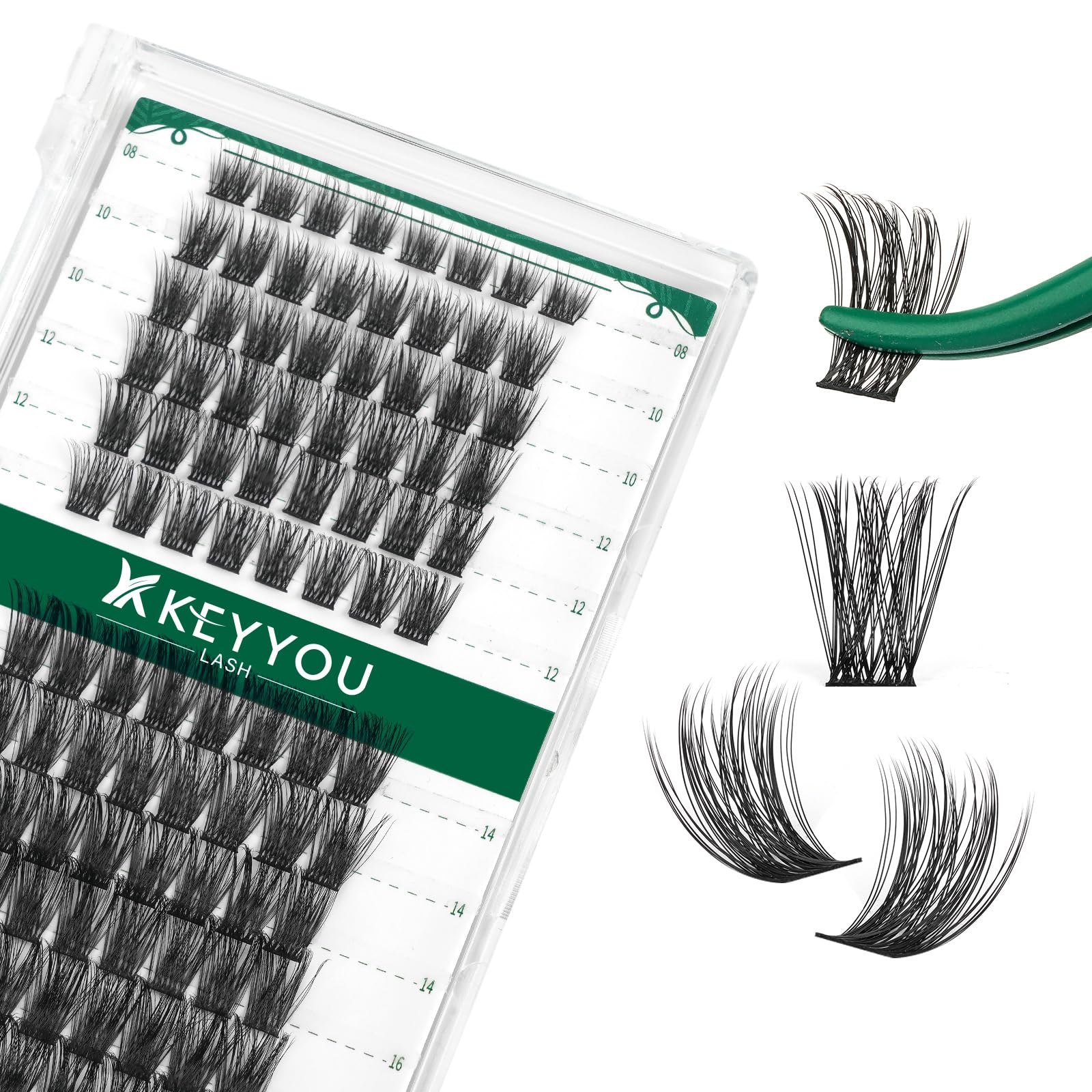 KEYYOU Lash Clusters Kit 144pcs Thick Volume D Curl Eyelash Clusters Lash Extension Kit with Mascara Brush Bond and Seal Glue Remover Applicators and Brush for DIY Lash Extensions (Y02)