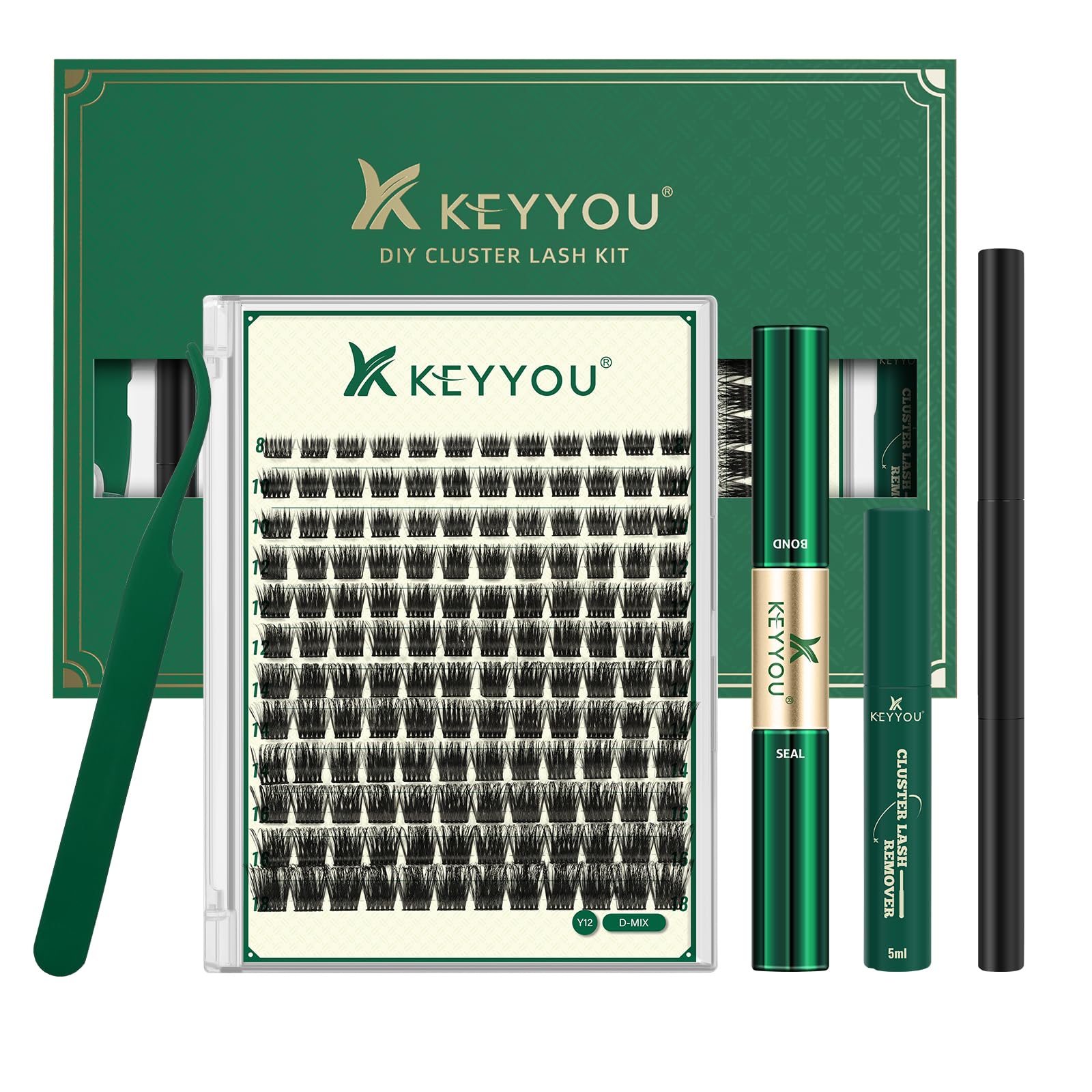 KEYYOU Lash Clusters Kit 144pcs Thick Volume D Curl Eyelash Clusters Lash Extension Kit with Mascara Brush Bond and Seal Glue Remover Applicators and Brush for DIY Lash Extensions (Y02)