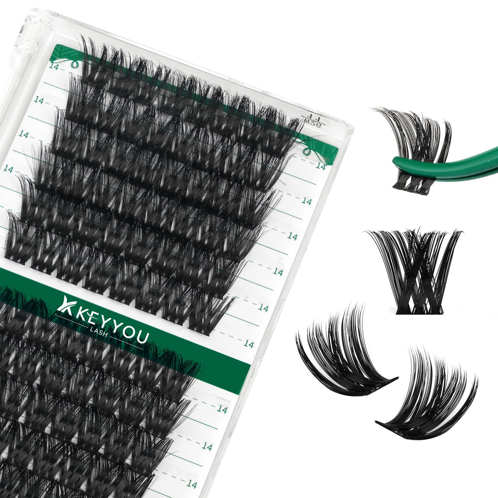 KEYYOU Lash Clusters Kit 144pcs Thick Volume D Curl Eyelash Clusters Lash Extension Kit with Mascara Brush Bond and Seal Glue Remover Applicators and Brush for DIY Lash Extensions (Y02)