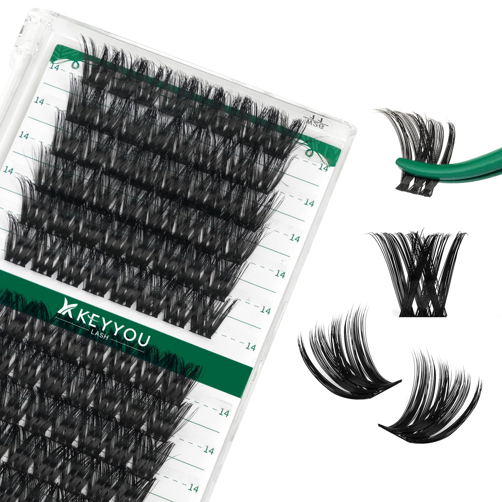 KEYYOU Lash Clusters Kit 144pcs Thick Volume D Curl Eyelash Clusters Lash Extension Kit with Mascara Brush Bond and Seal Glue Remover Applicators and Brush for DIY Lash Extensions (Y02)
