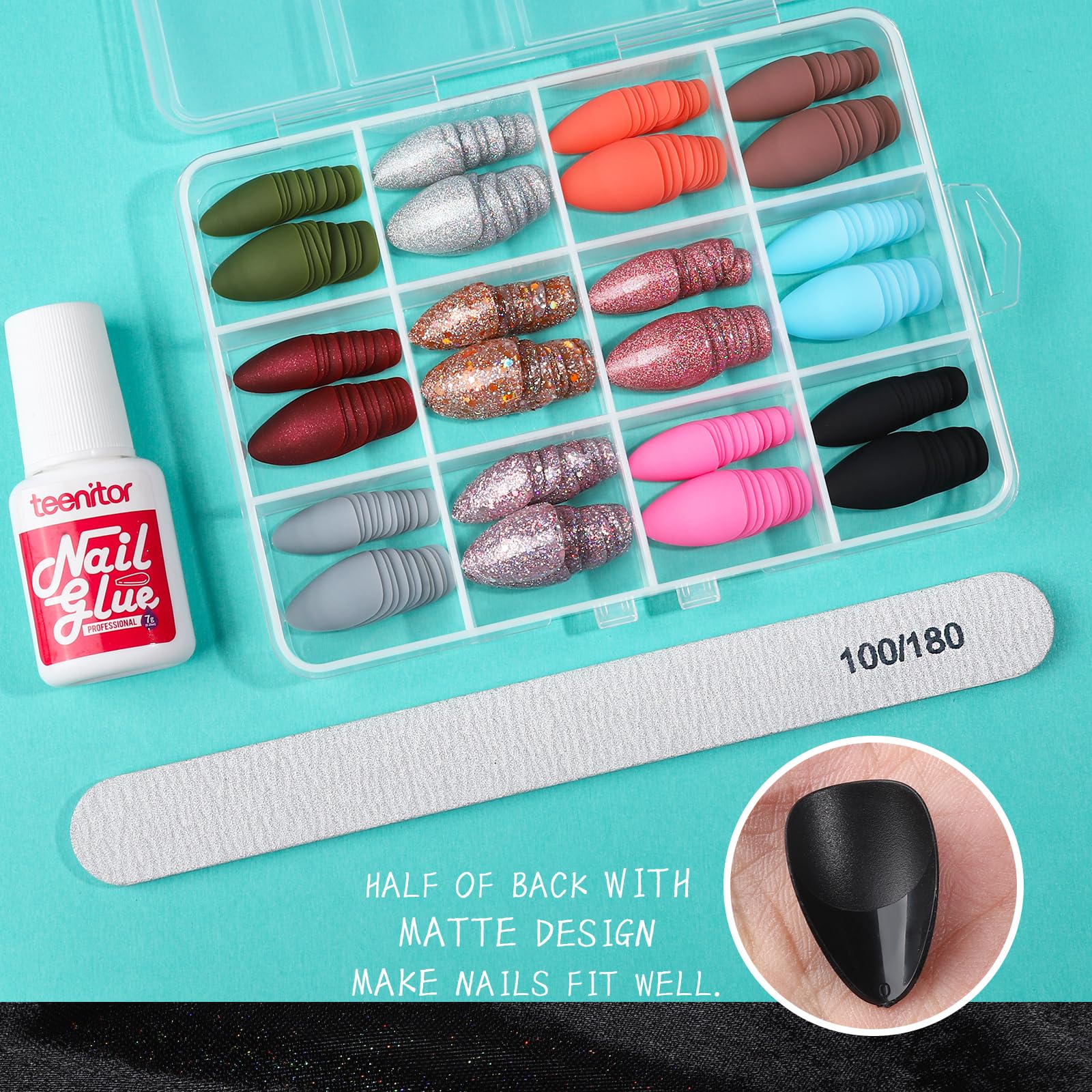 Press on Nails,Teenitor 288PCS Matte Medium Length, Acrylic Fake Nails Full Cover, Ballerina Coffin Press on Nails,Glitter Press On False Nails