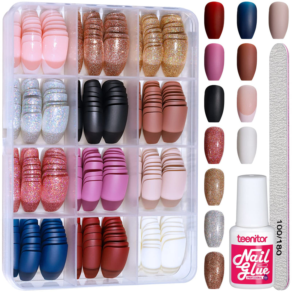 Press on Nails,Teenitor 288PCS Matte Medium Length, Acrylic Fake Nails Full Cover, Ballerina Coffin Press on Nails,Glitter Press On False Nails