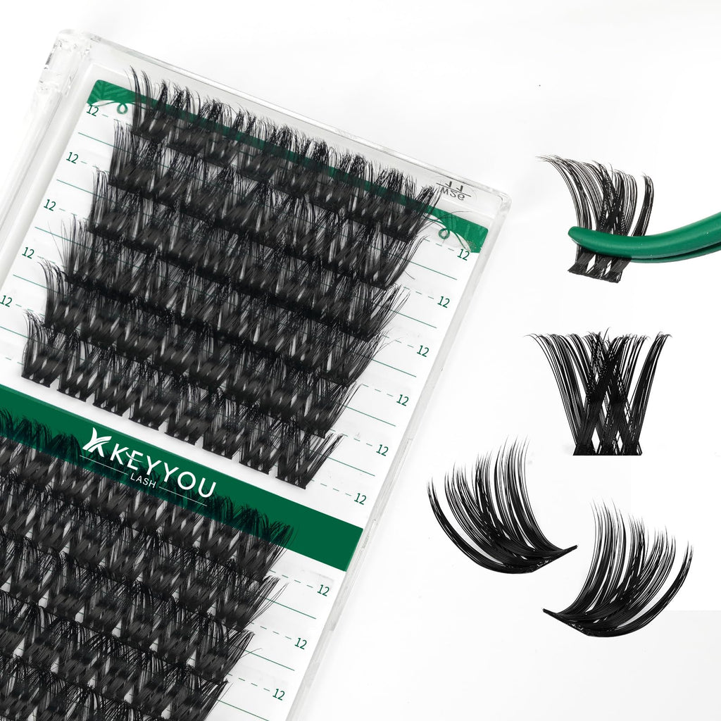 KEYYOU Lash Clusters Kit 144pcs Thick Volume D Curl Eyelash Clusters Lash Extension Kit with Mascara Brush Bond and Seal Glue Remover Applicators and Brush for DIY Lash Extensions (Y02)