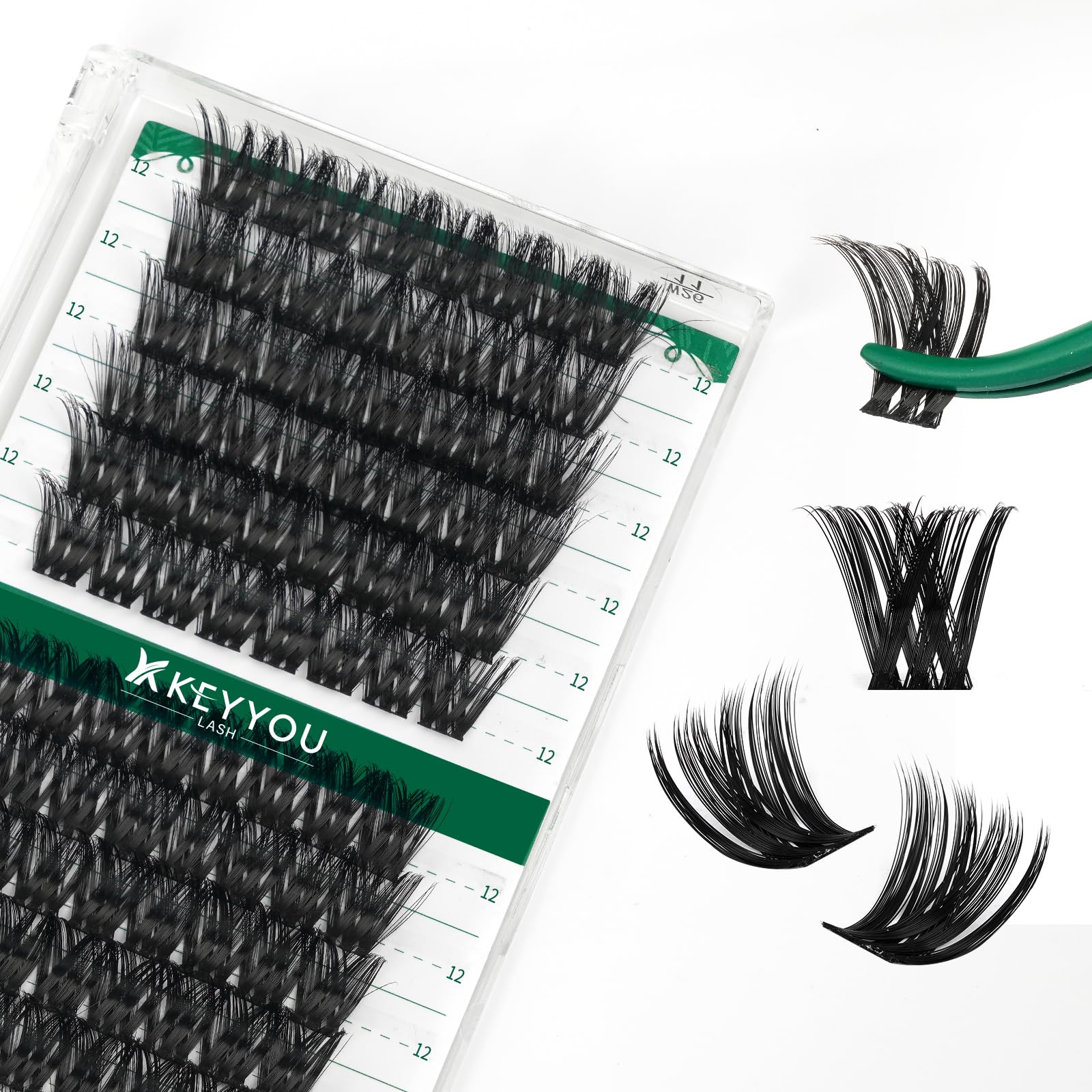 KEYYOU Lash Clusters Kit 144pcs Thick Volume D Curl Eyelash Clusters Lash Extension Kit with Mascara Brush Bond and Seal Glue Remover Applicators and Brush for DIY Lash Extensions (Y02)
