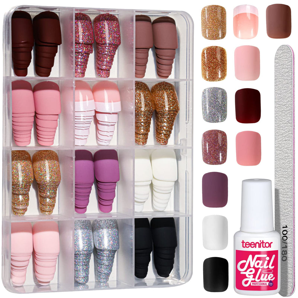 Press on Nails,Teenitor 288PCS Matte Medium Length, Acrylic Fake Nails Full Cover, Ballerina Coffin Press on Nails,Glitter Press On False Nails