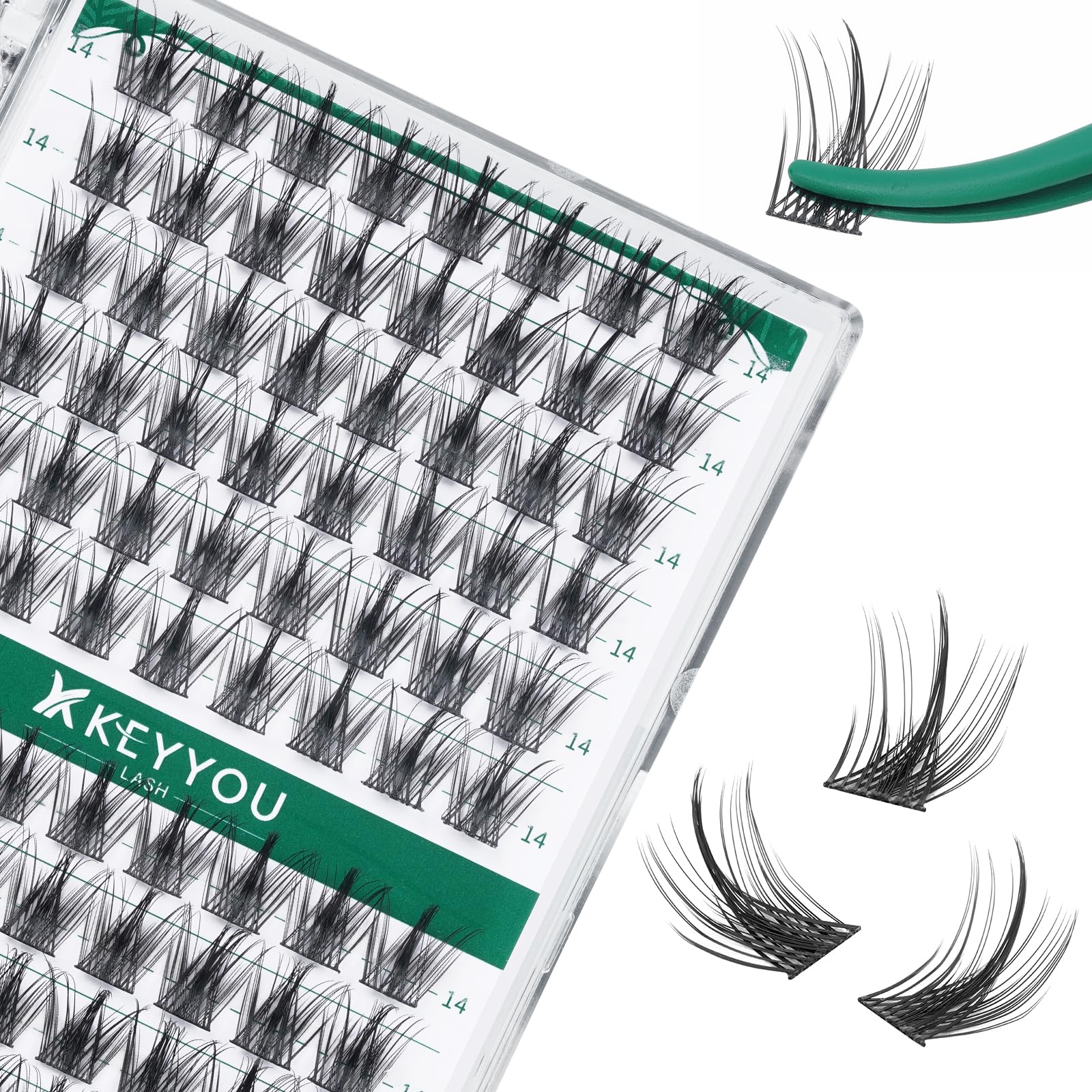 KEYYOU Lash Clusters Kit 144pcs Thick Volume D Curl Eyelash Clusters Lash Extension Kit with Mascara Brush Bond and Seal Glue Remover Applicators and Brush for DIY Lash Extensions (Y02)