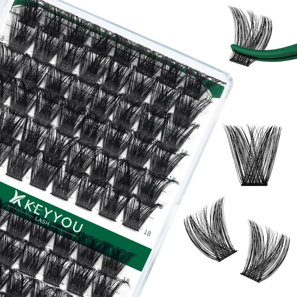 KEYYOU Lash Clusters Kit 144pcs Thick Volume D Curl Eyelash Clusters Lash Extension Kit with Mascara Brush Bond and Seal Glue Remover Applicators and Brush for DIY Lash Extensions (Y02)