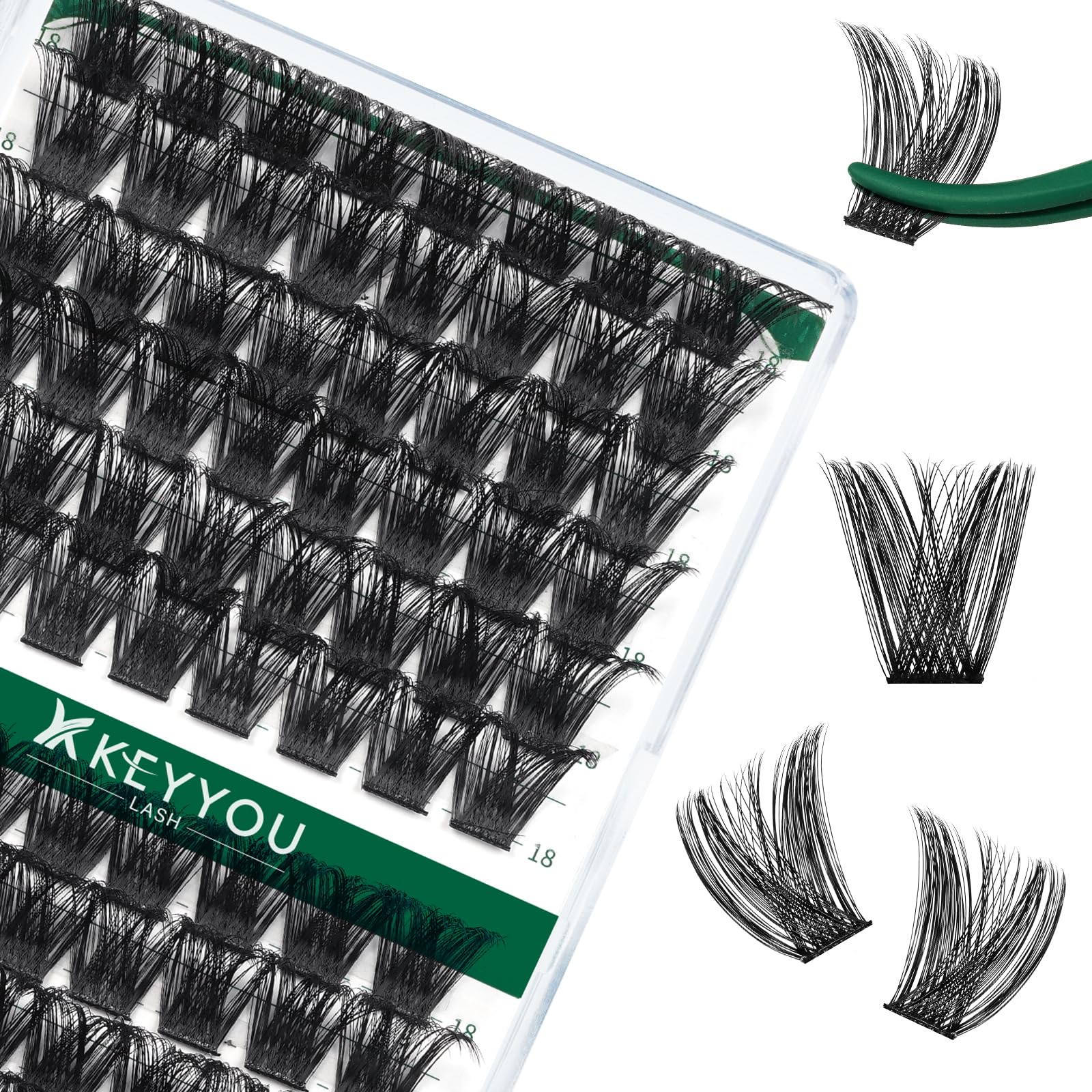 KEYYOU Lash Clusters Kit 144pcs Thick Volume D Curl Eyelash Clusters Lash Extension Kit with Mascara Brush Bond and Seal Glue Remover Applicators and Brush for DIY Lash Extensions (Y02)