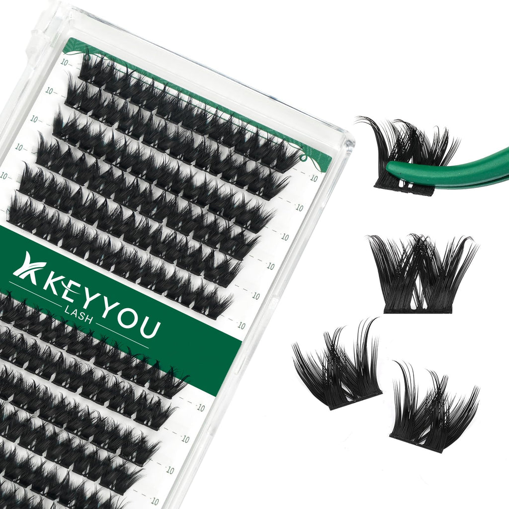 KEYYOU Lash Clusters Kit 144pcs Thick Volume D Curl Eyelash Clusters Lash Extension Kit with Mascara Brush Bond and Seal Glue Remover Applicators and Brush for DIY Lash Extensions (Y02)