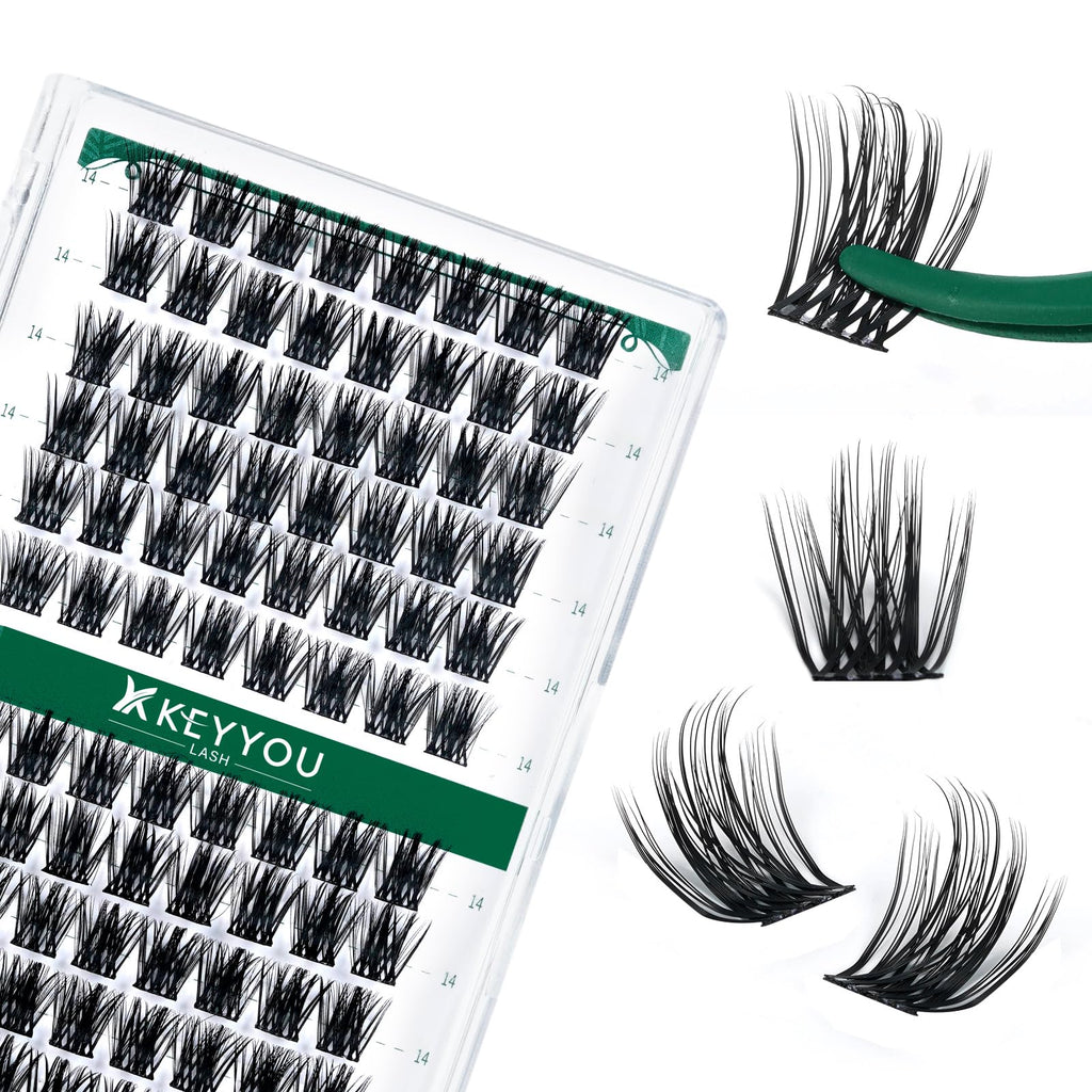 KEYYOU Lash Clusters Kit 144pcs Thick Volume D Curl Eyelash Clusters Lash Extension Kit with Mascara Brush Bond and Seal Glue Remover Applicators and Brush for DIY Lash Extensions (Y02)