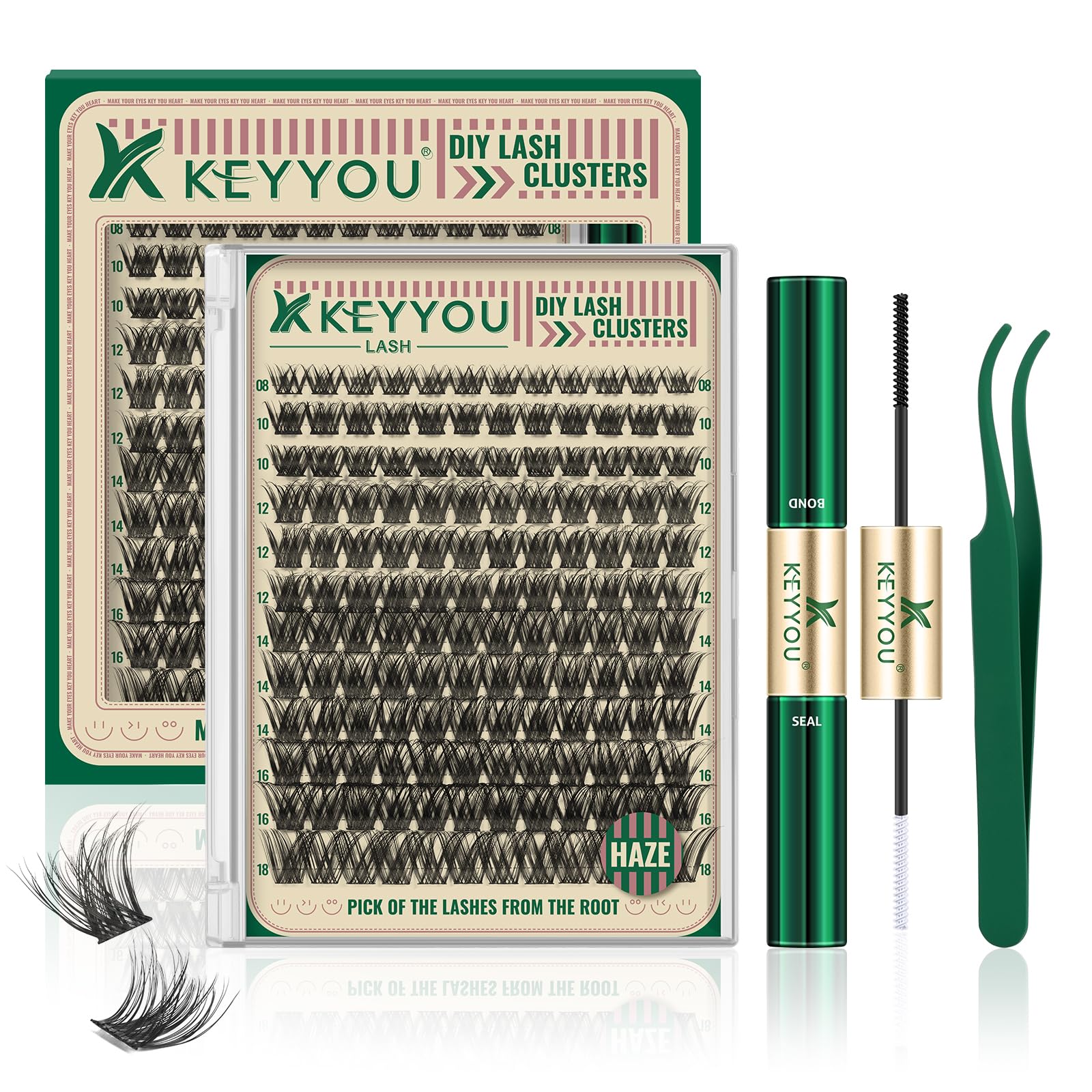 KEYYOU Lash Clusters Kit 144pcs Thick Volume D Curl Eyelash Clusters Lash Extension Kit with Mascara Brush Bond and Seal Glue Remover Applicators and Brush for DIY Lash Extensions (Y02)
