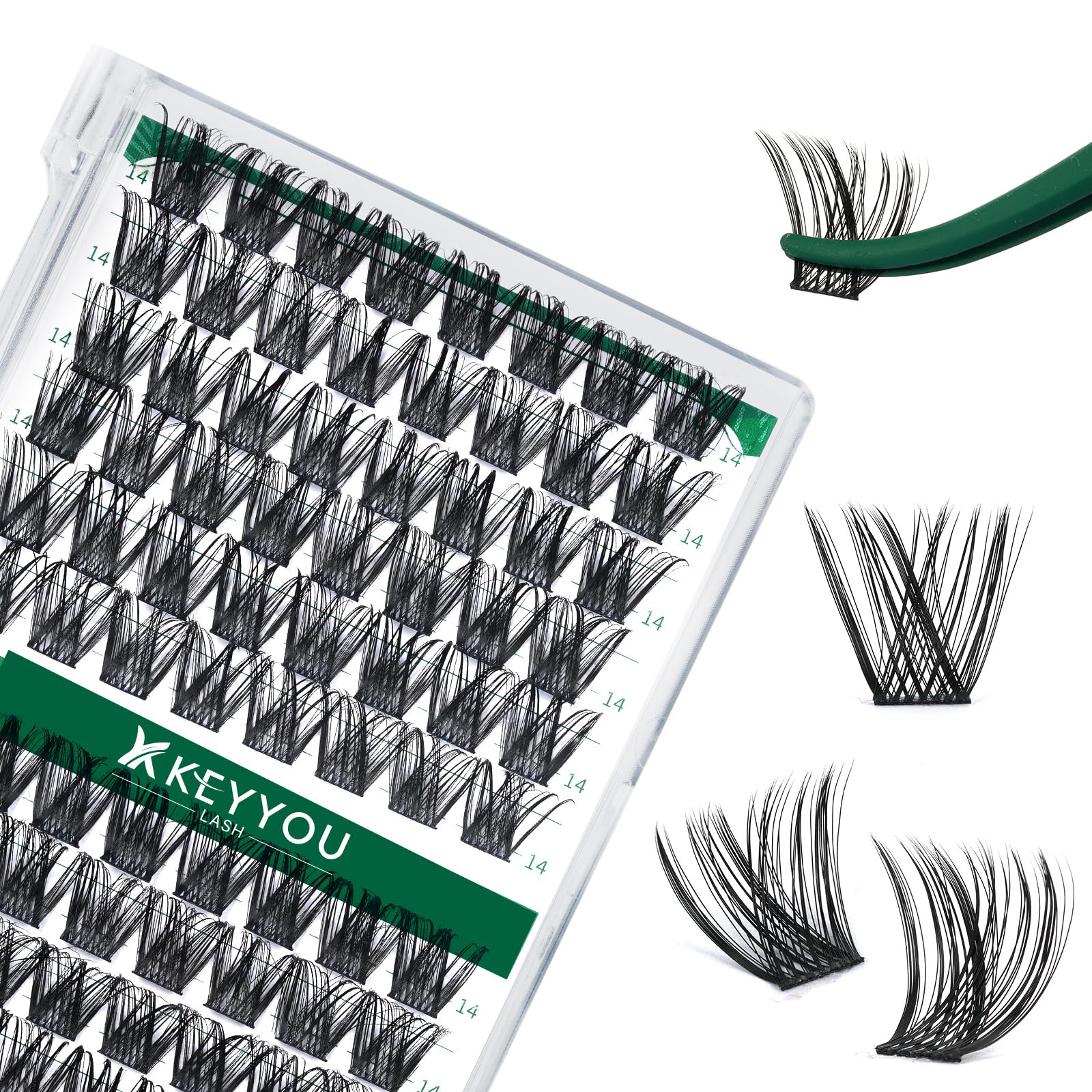 KEYYOU Lash Clusters Kit 144pcs Thick Volume D Curl Eyelash Clusters Lash Extension Kit with Mascara Brush Bond and Seal Glue Remover Applicators and Brush for DIY Lash Extensions (Y02)